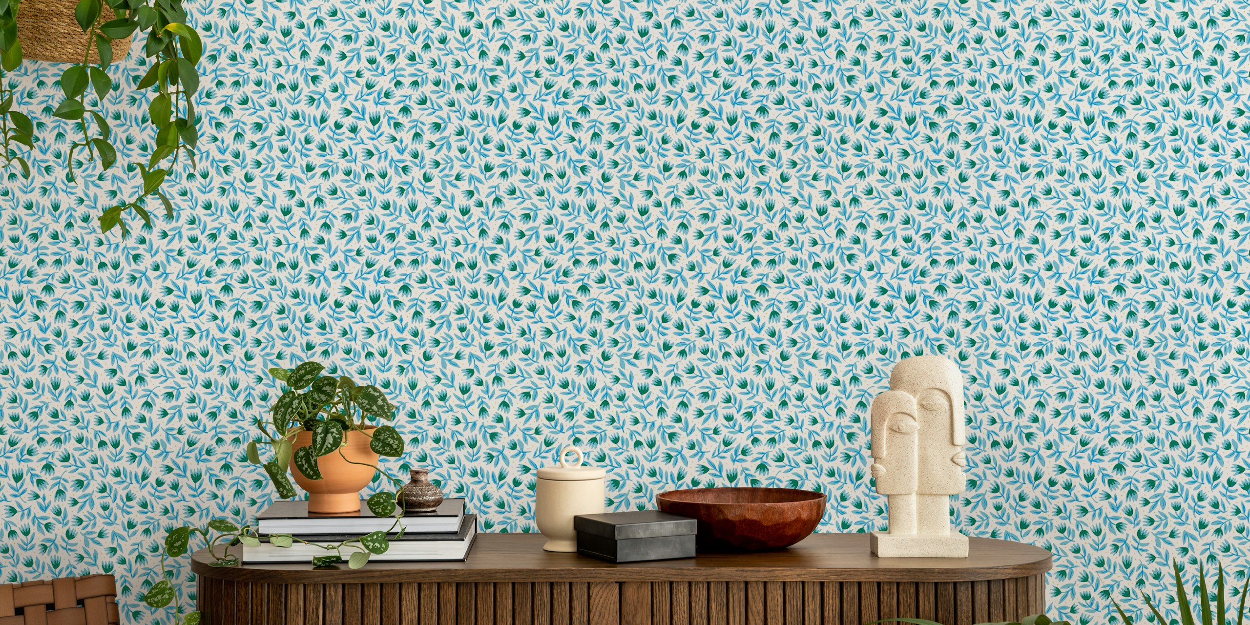 Tulips blue and green wallpaper in a room