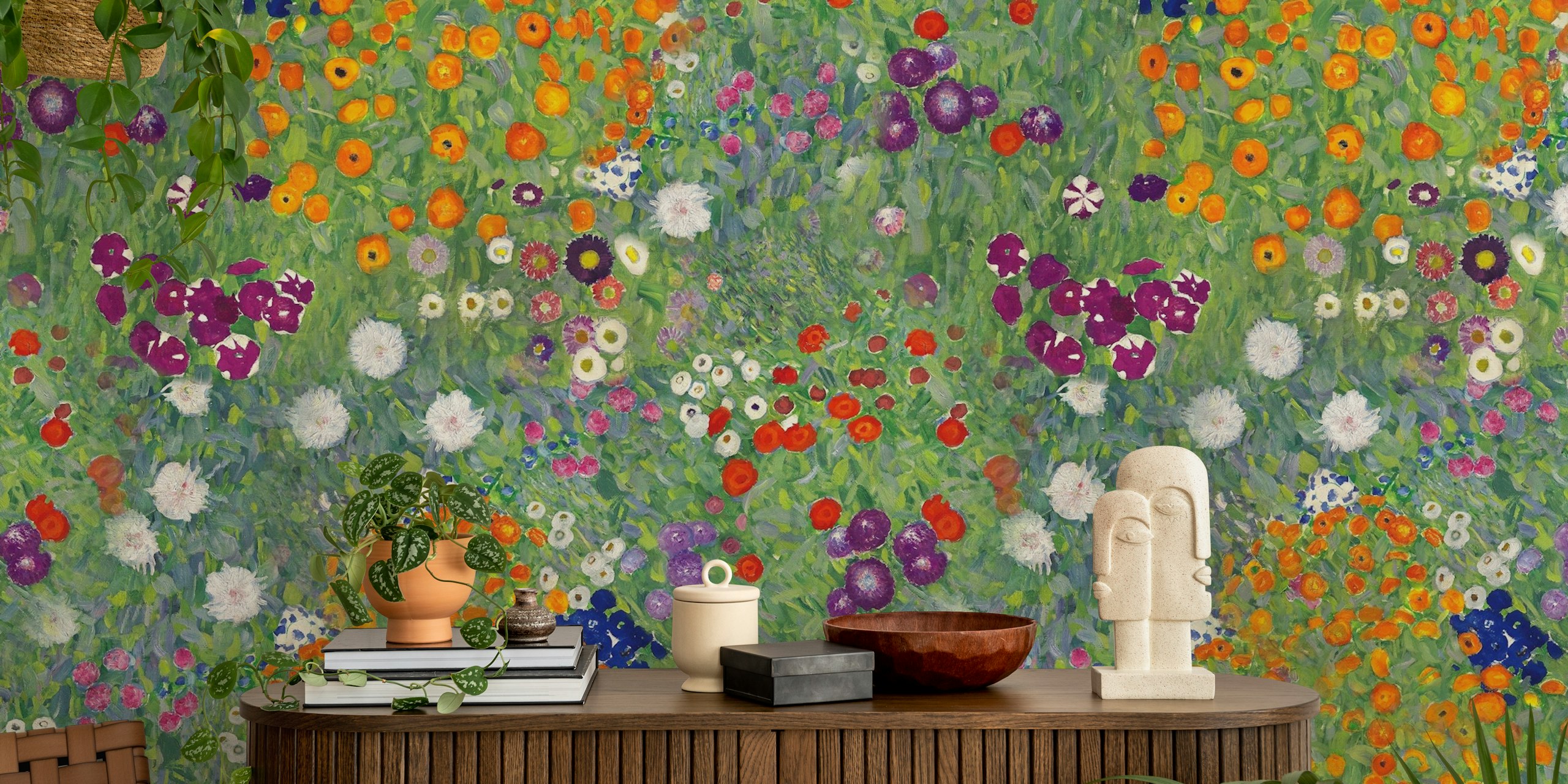 Flower garden pattern with colorful blooms on green background wallpaper