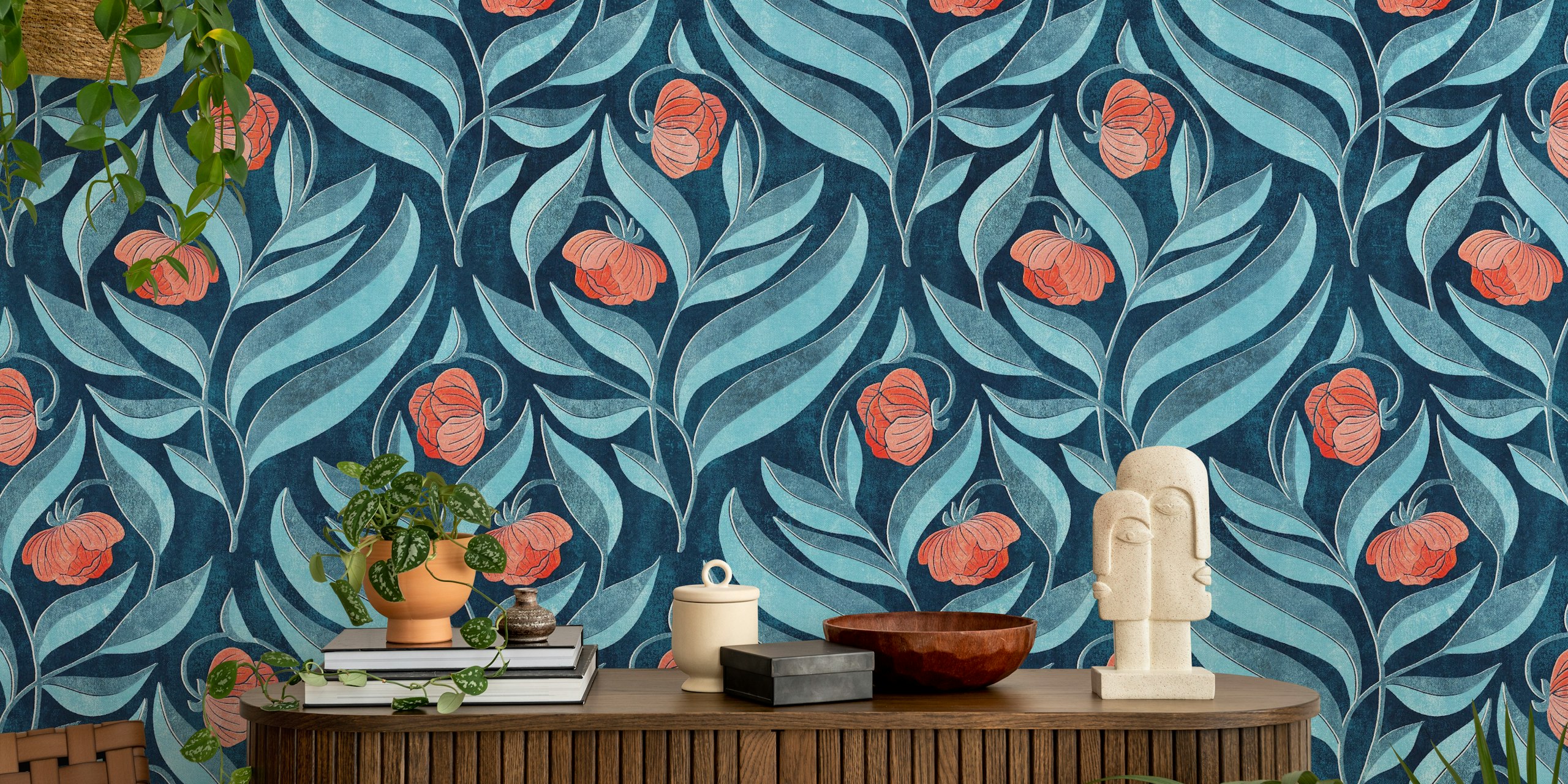 Floral pattern with dark blue leaves and red flowers wallpaper