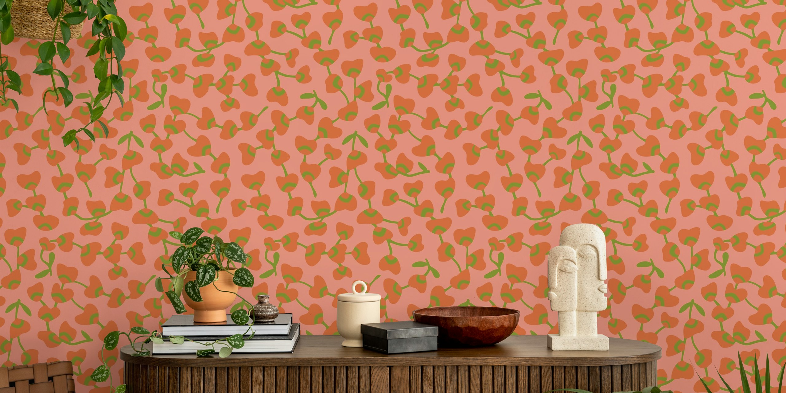 Retro floral design with orange and pink flowers on a blush background wallpaper