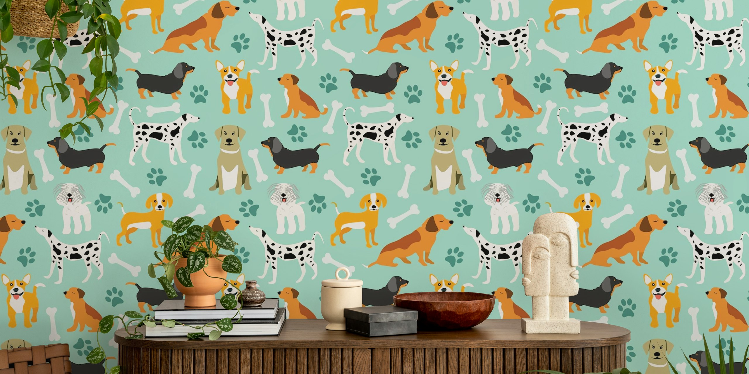 Cute dog breeds and bones wallpaper in a room