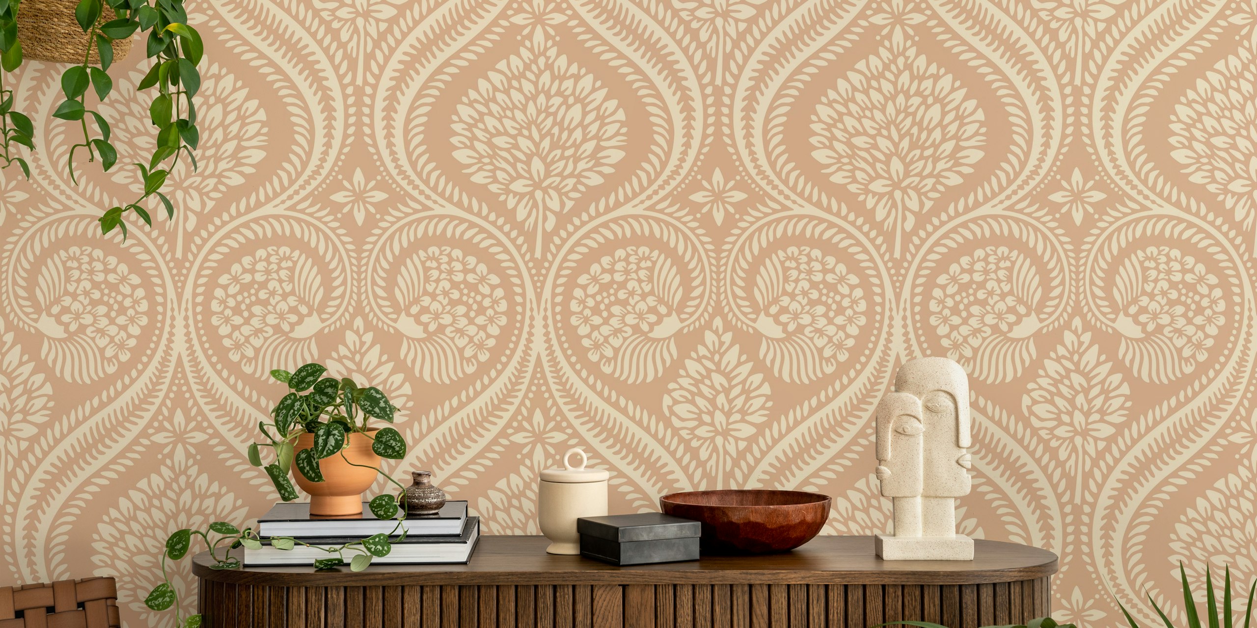 Florence Damask wall mural in nude tones with large-scale pattern