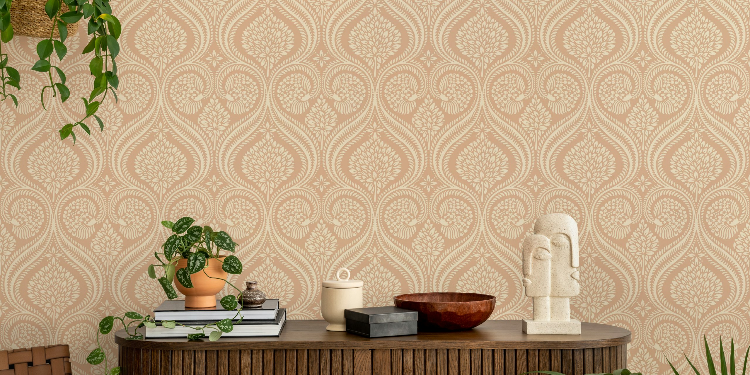 Floral damask pattern in nude and cream hues wallpaper