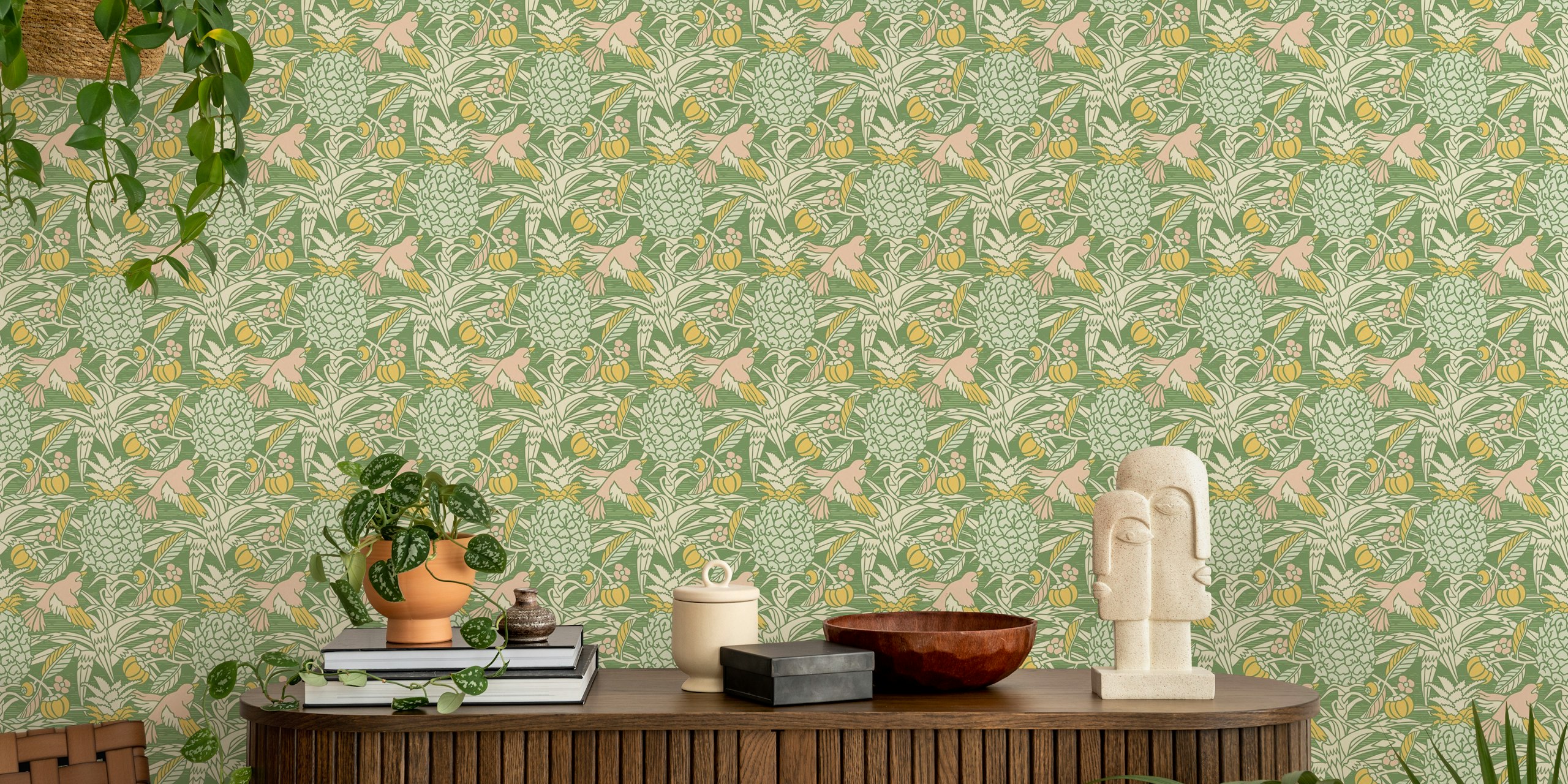 Tropical Damask Wall Mural with Green Motifs