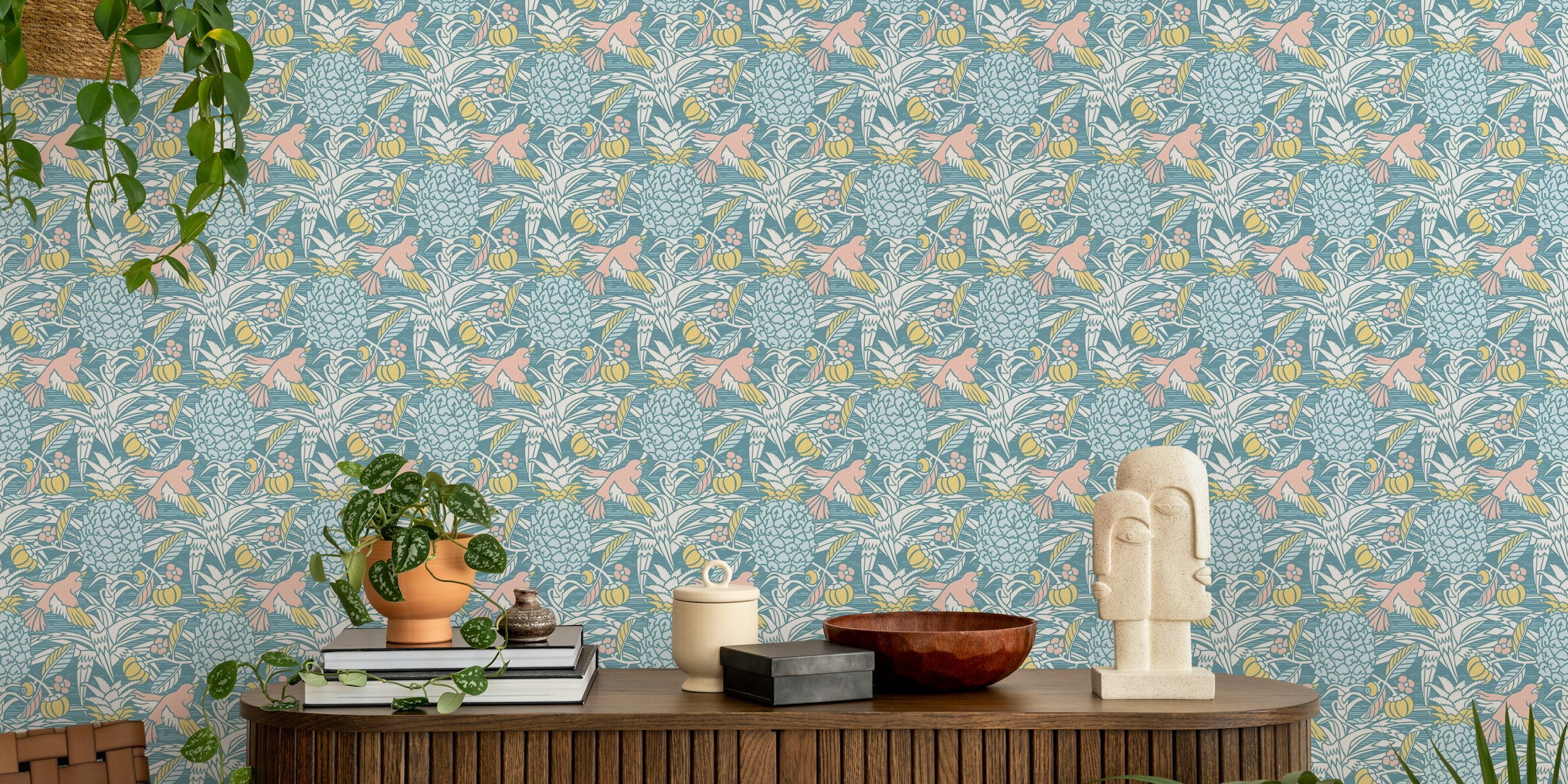 Tropical pineapple and floral pattern in blue wallpaper