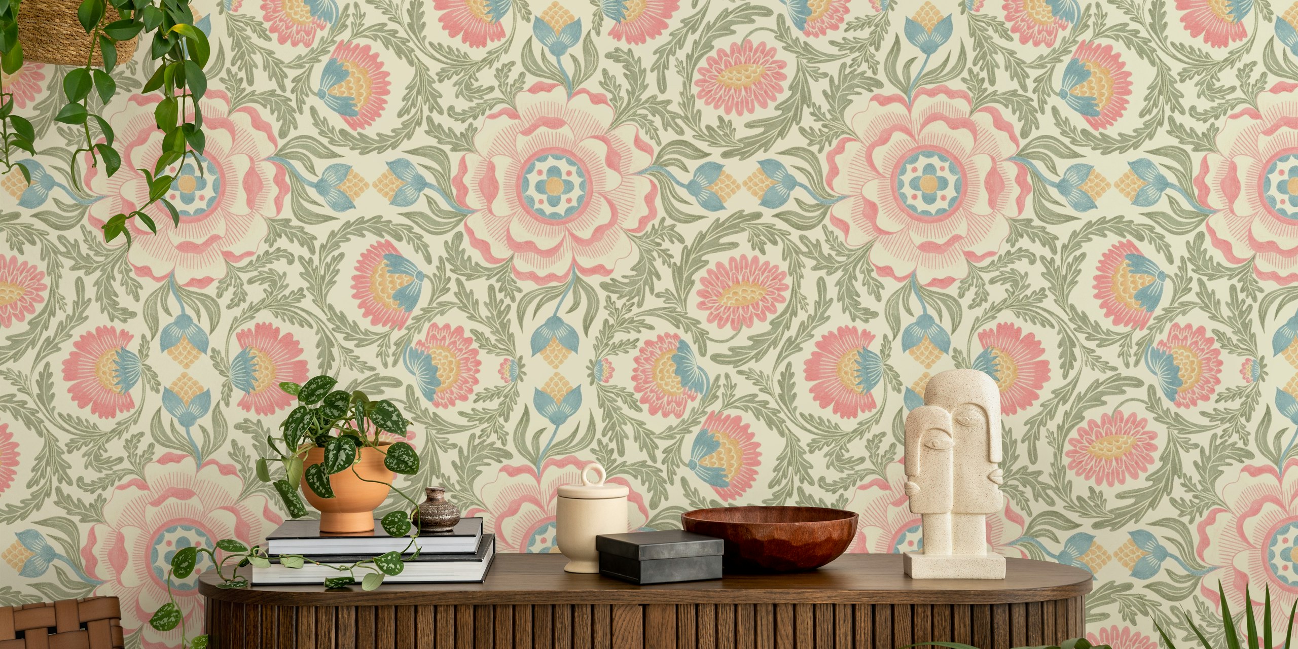 Floral wallpaper featuring pastel pink and blue flowers with green leaves on a cream background