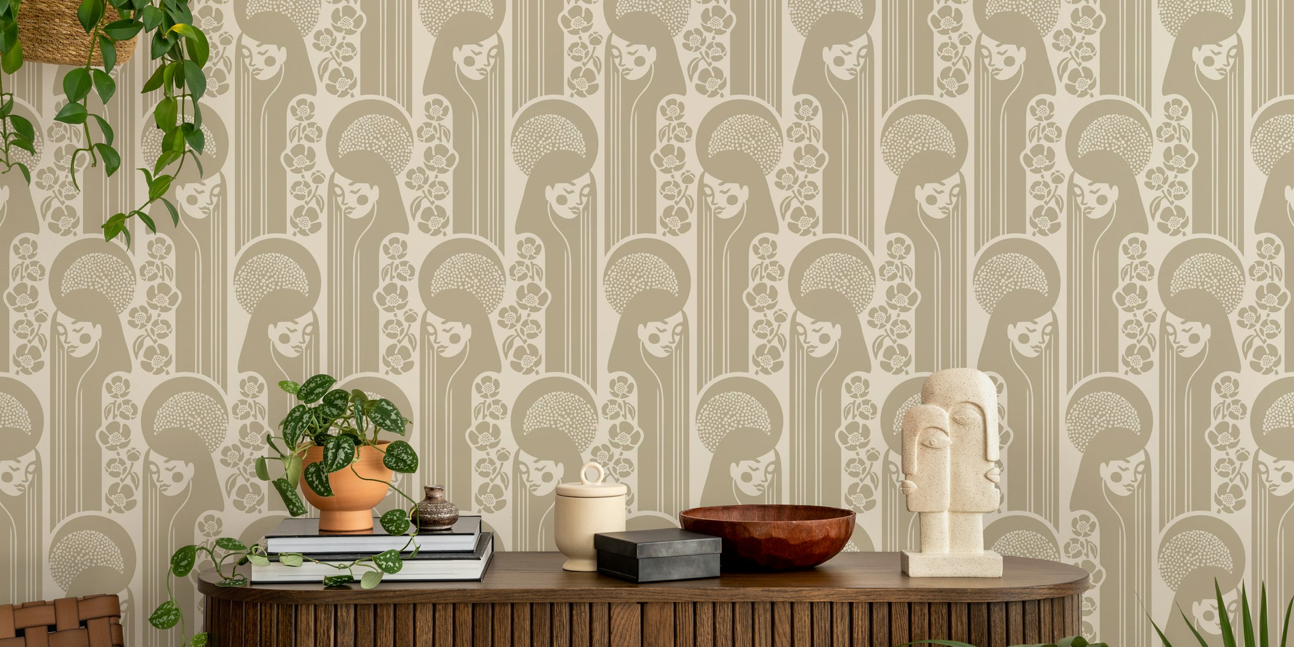 Flora goddess pattern with beige tones and floral elements wallpaper