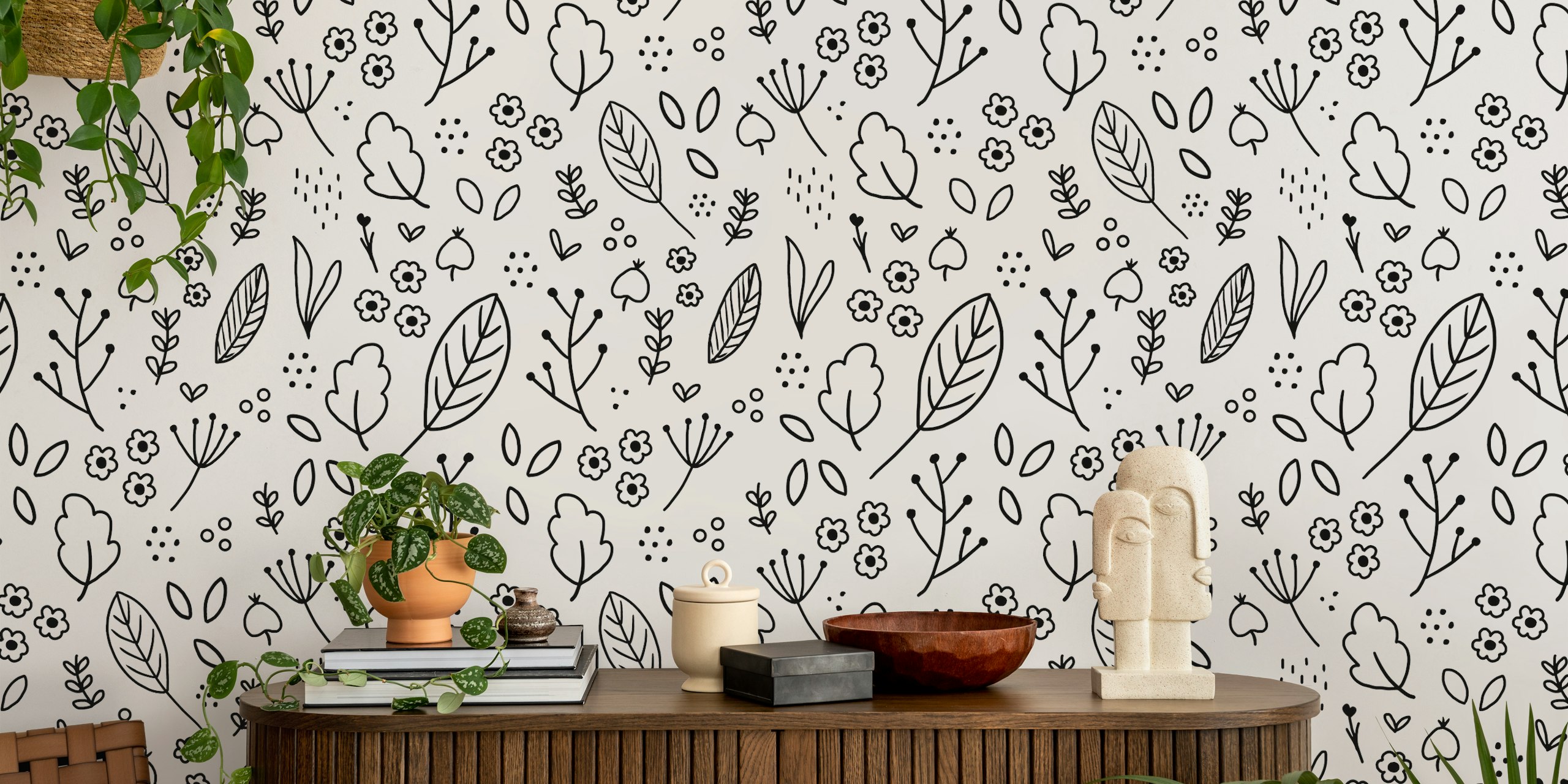 Papel de parede Monochrome leaves em um quarto