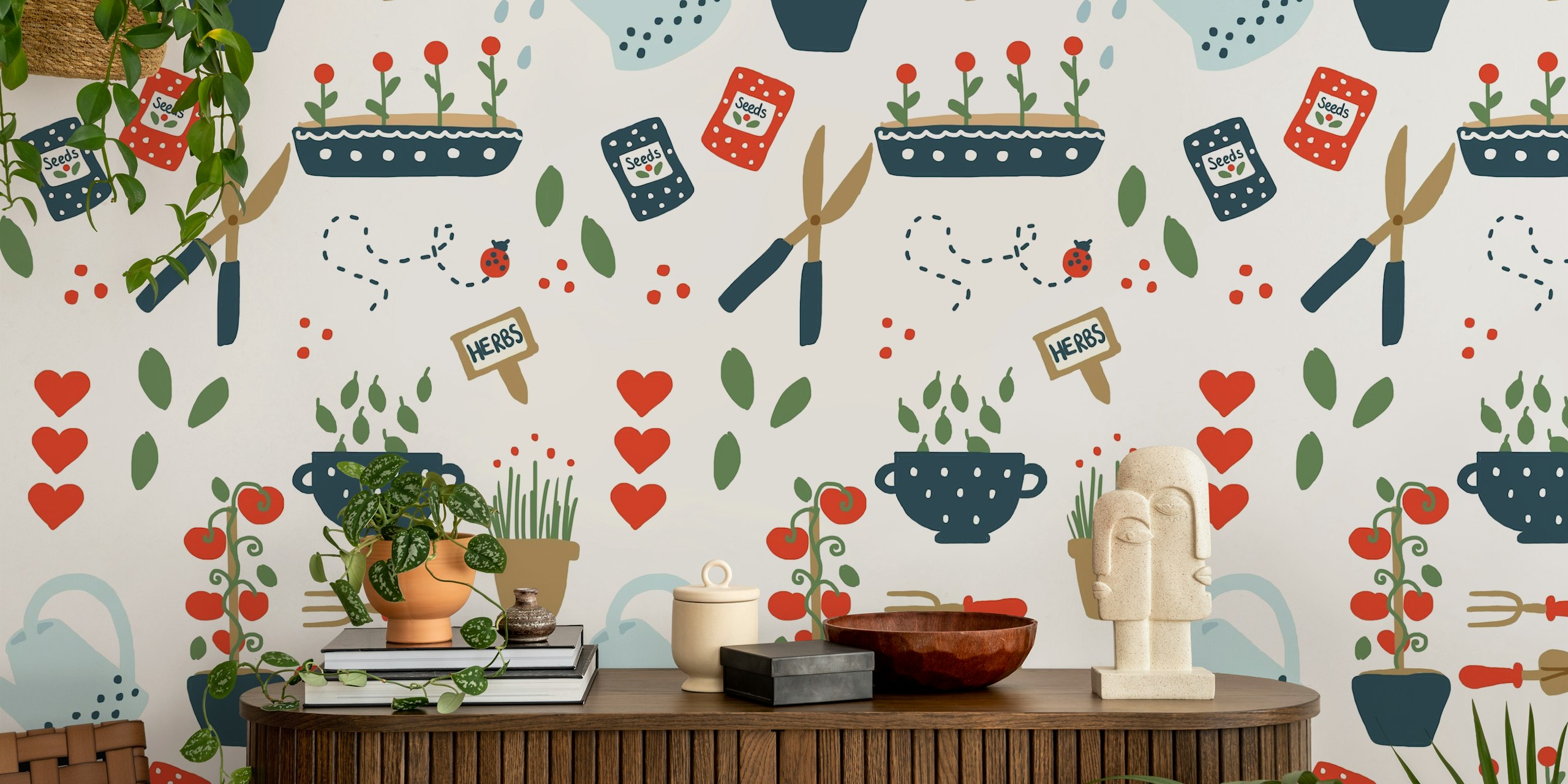 Playful illustration of garden tools, potted herbs, and gardening elements on a wall mural