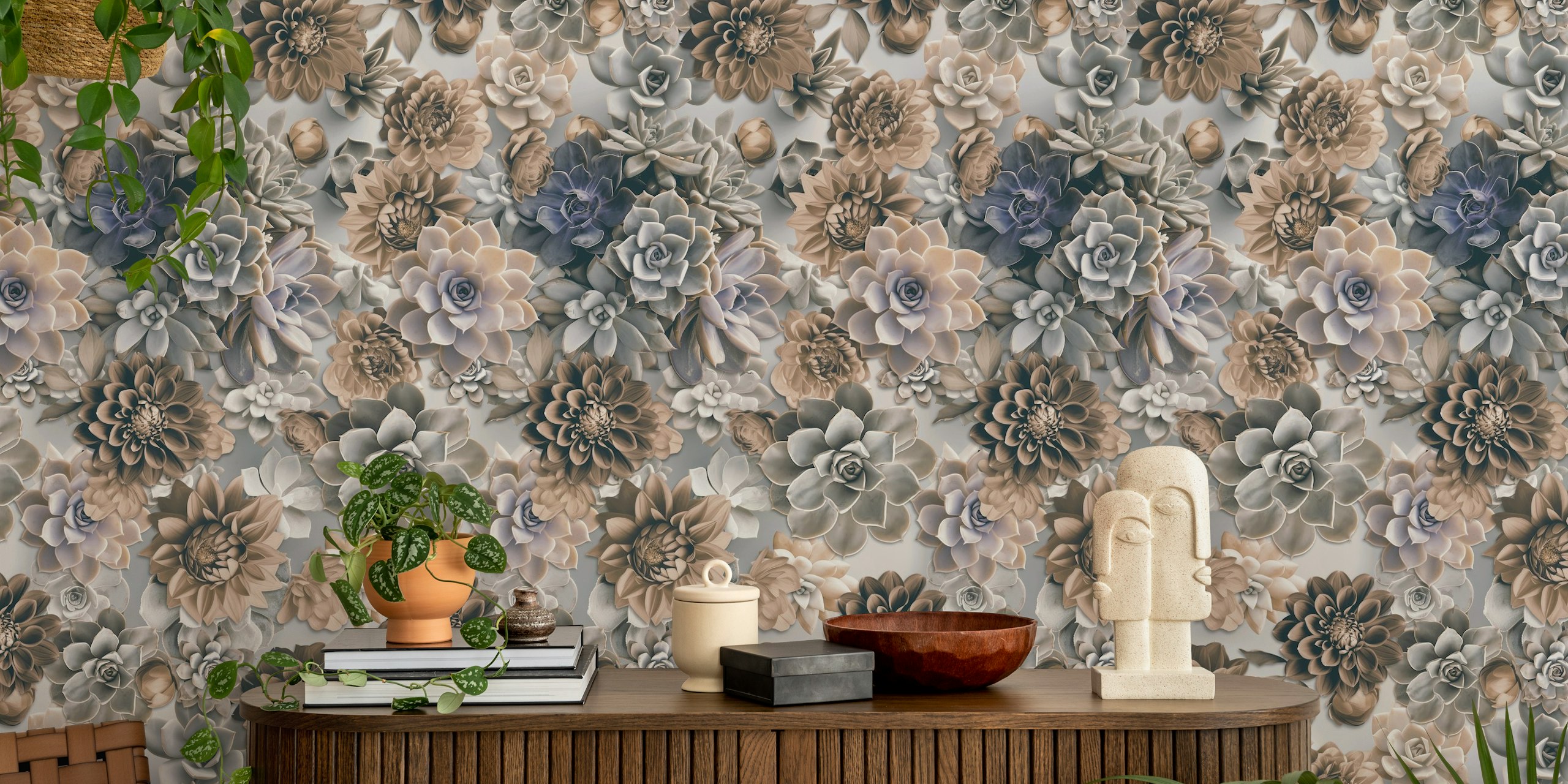 Succulent and flower wallpaper in a room