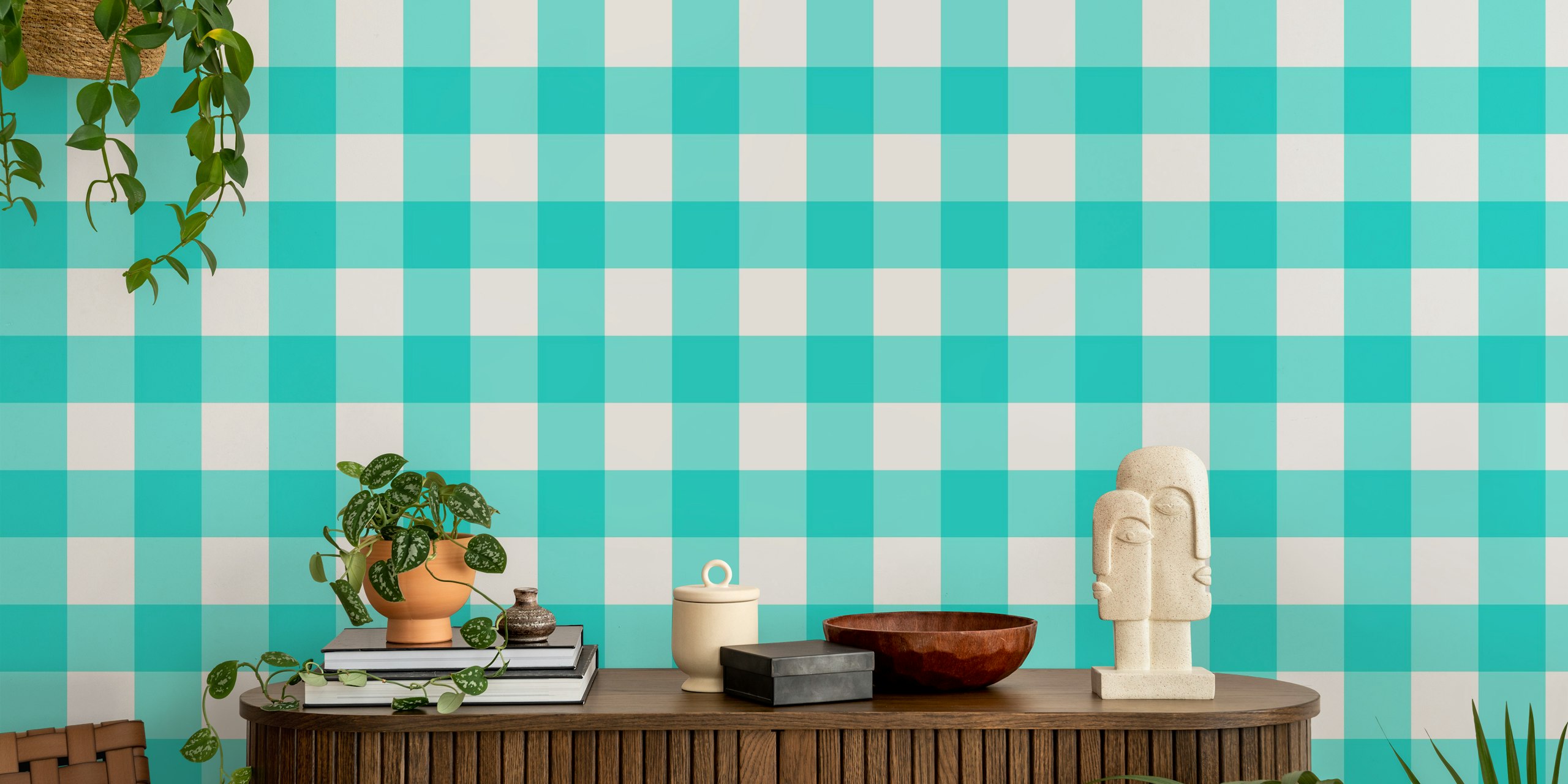 Ταπετσαρία Maximum Blue Green gingham σε ένα δωμάτιο