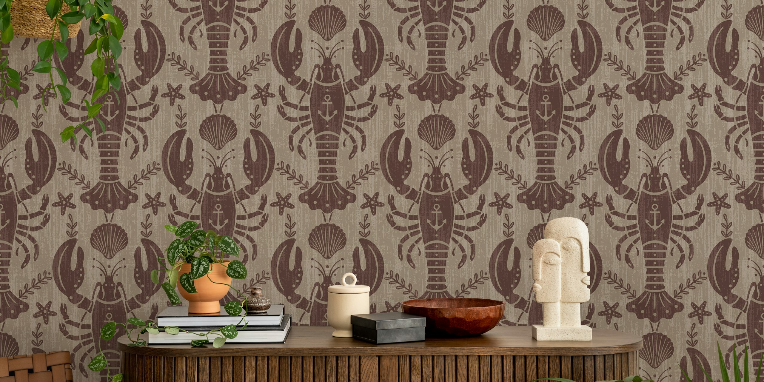 Rustic lobster with anchor wallpaper in a room