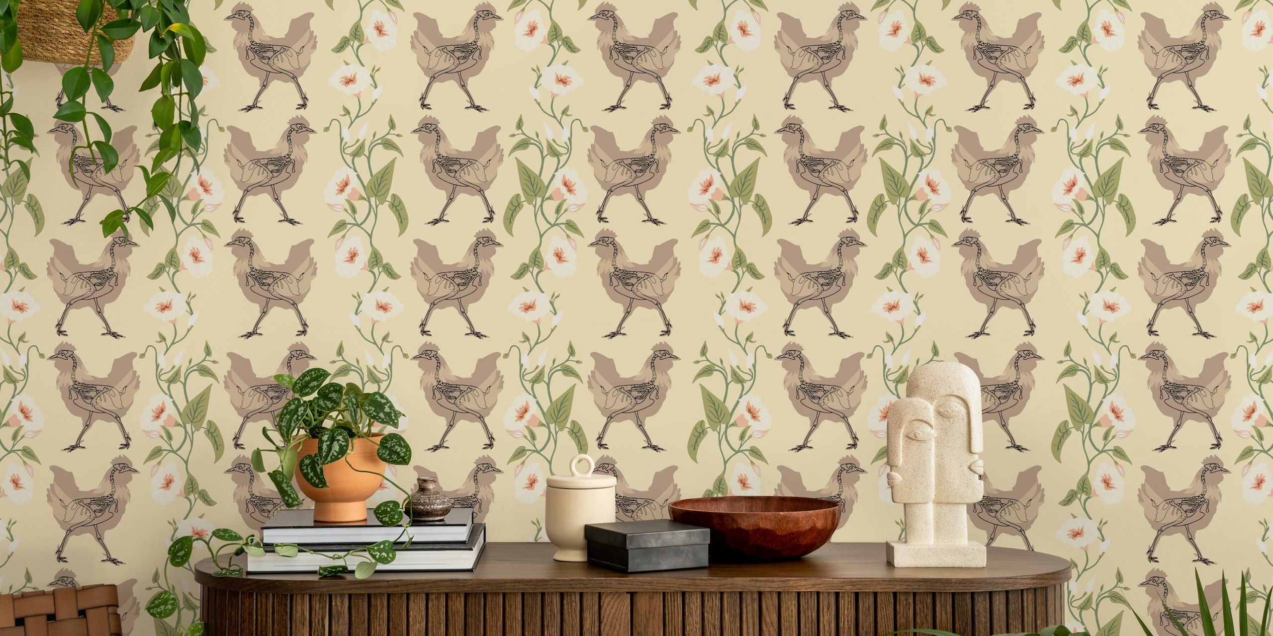 Chicken illustrations with floral motifs on beige background wallpaper