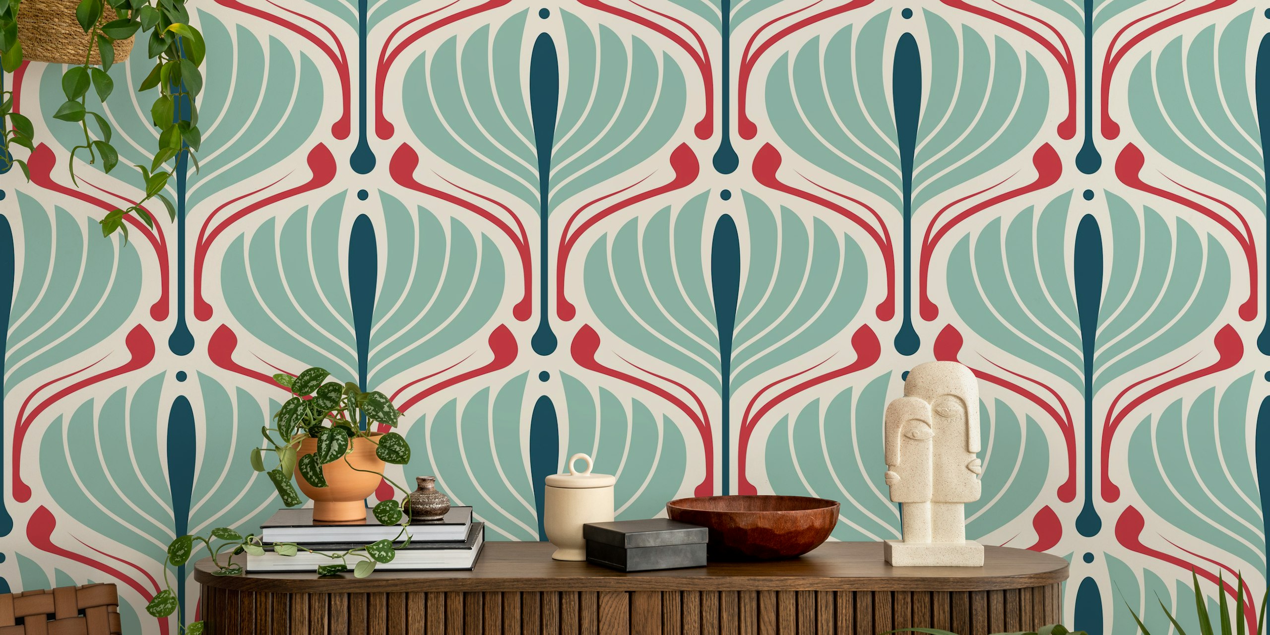 Vintage floral wallpaper in teal and red with art deco patterns