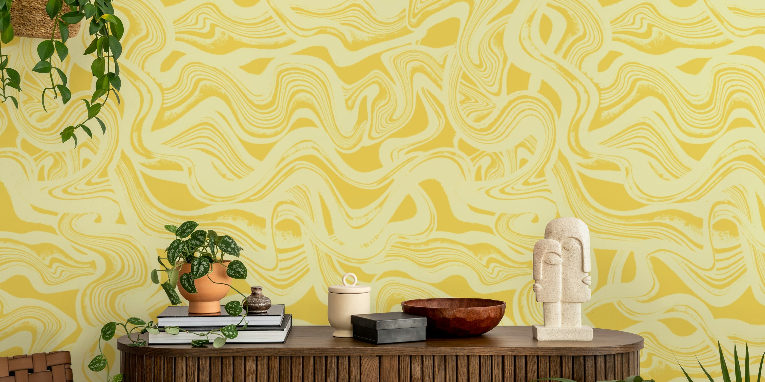 Abstract flowing lines in varying shades of yellow wallpaper