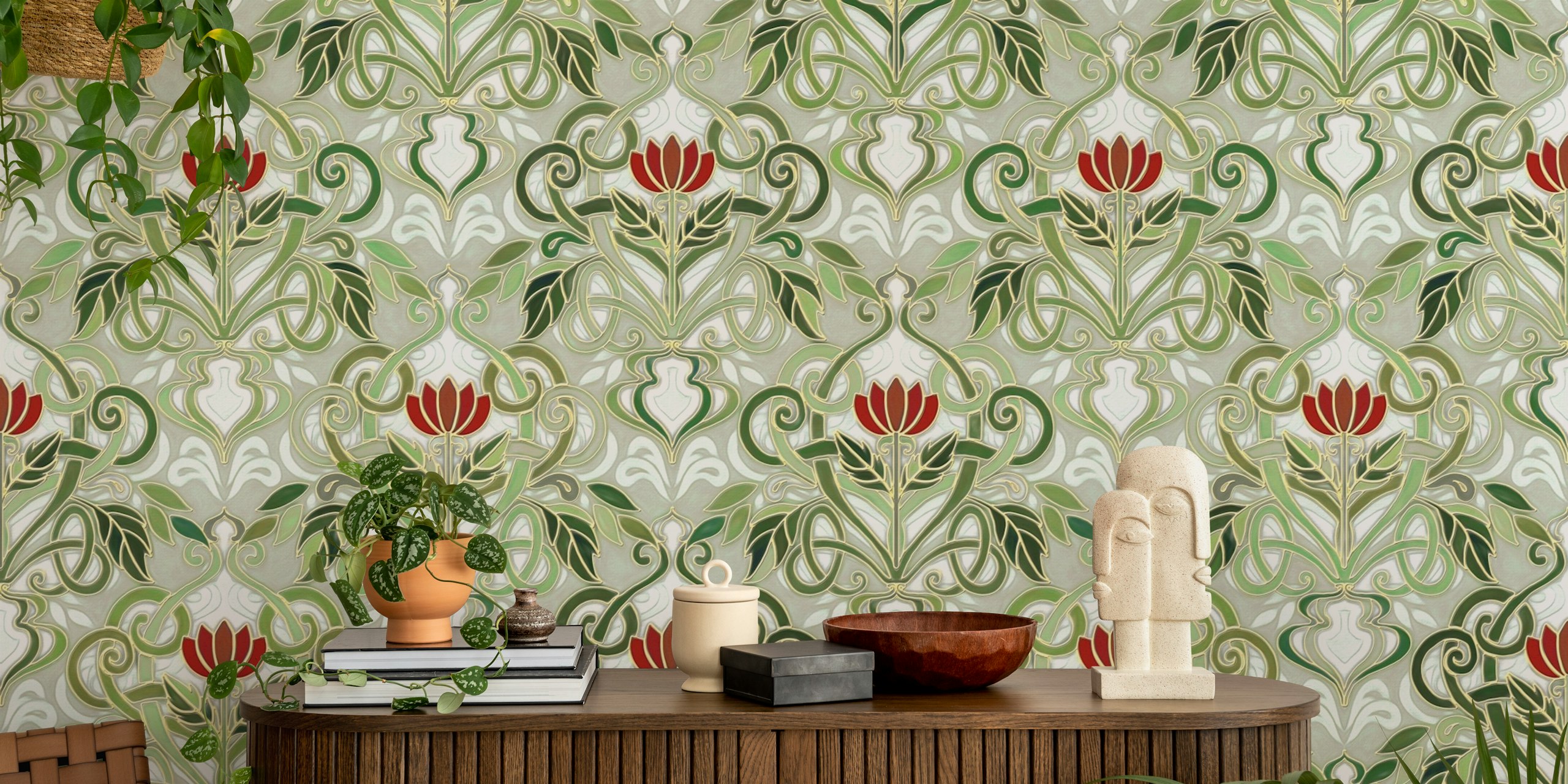 Olive Green and Deep Red Art Nouveau Floral carta da parati in una stanza