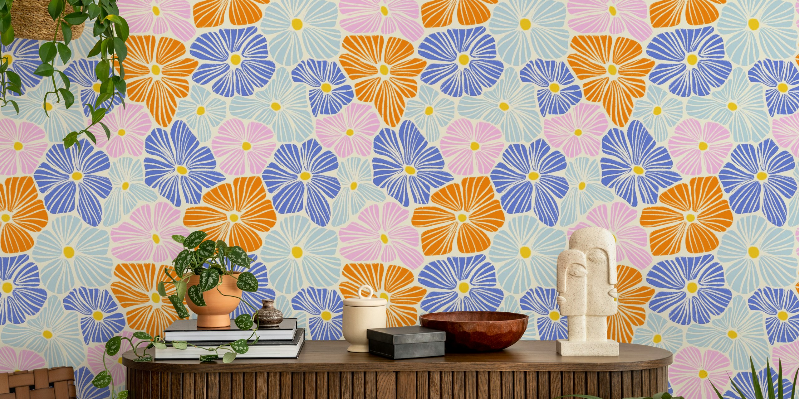 Pastel floral pattern in blue, pink, and orange on a light background wallpaper