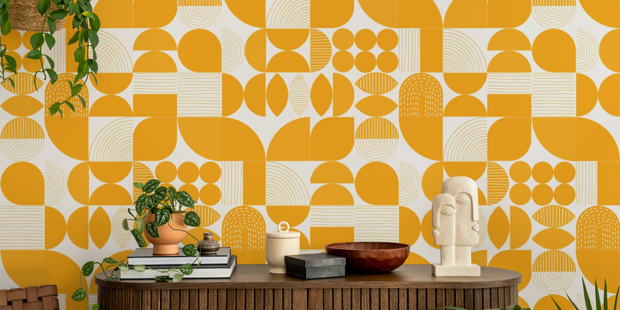Geometric shapes and lines in orange on white wallpaper