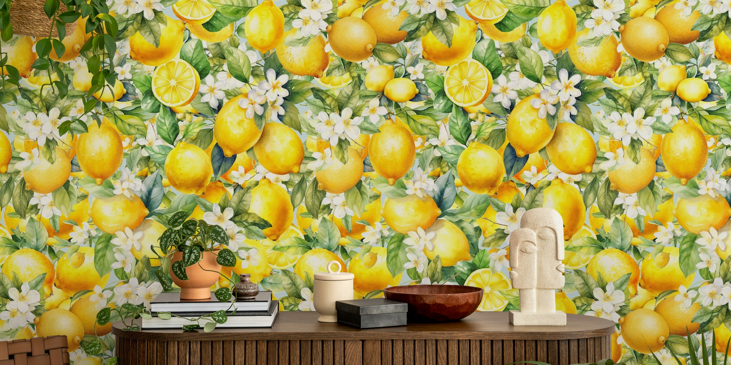 Lemon and white flower pattern on light background wallpaper