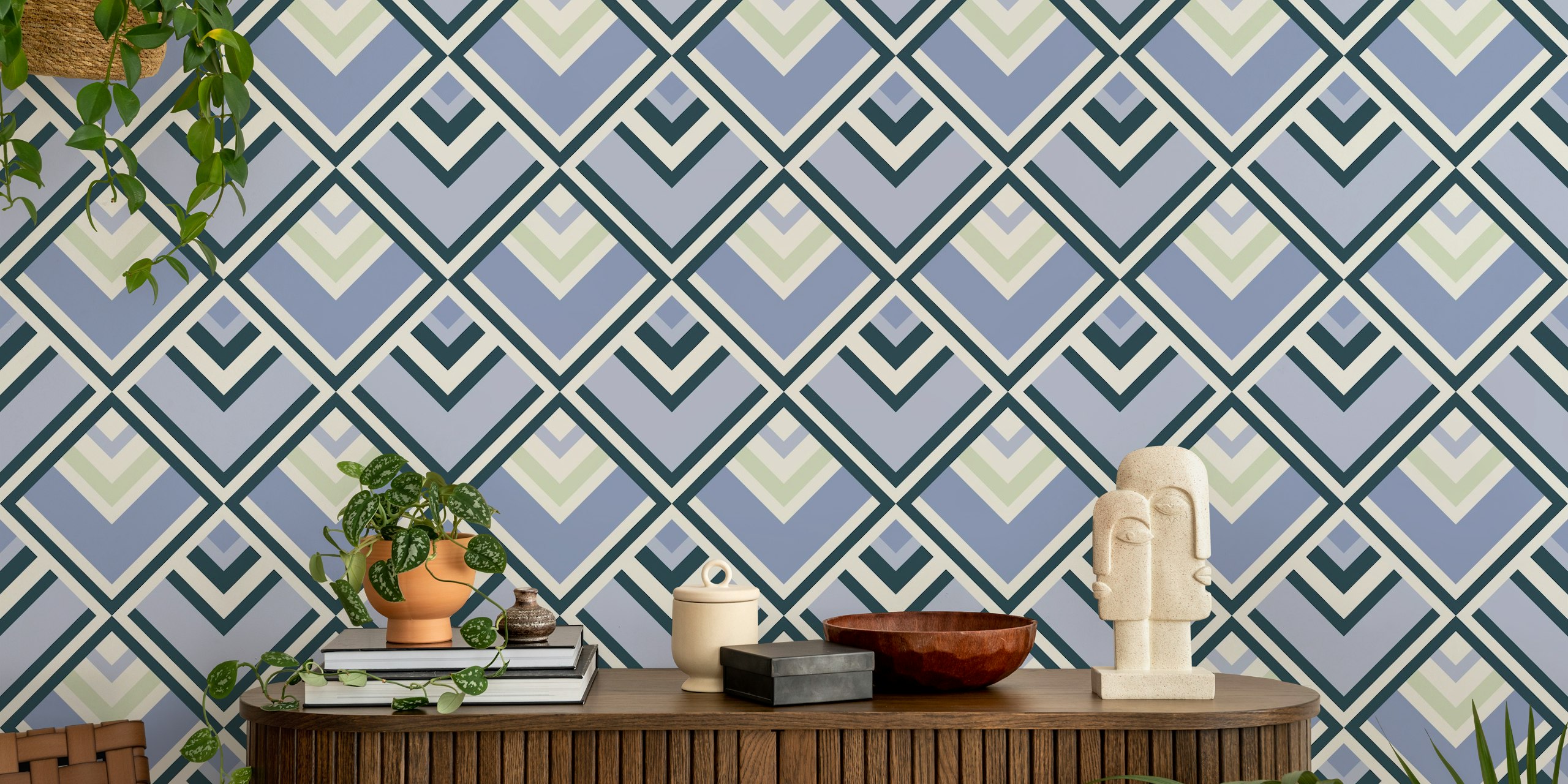 Geometric blue diamond pattern on cream wallpaper