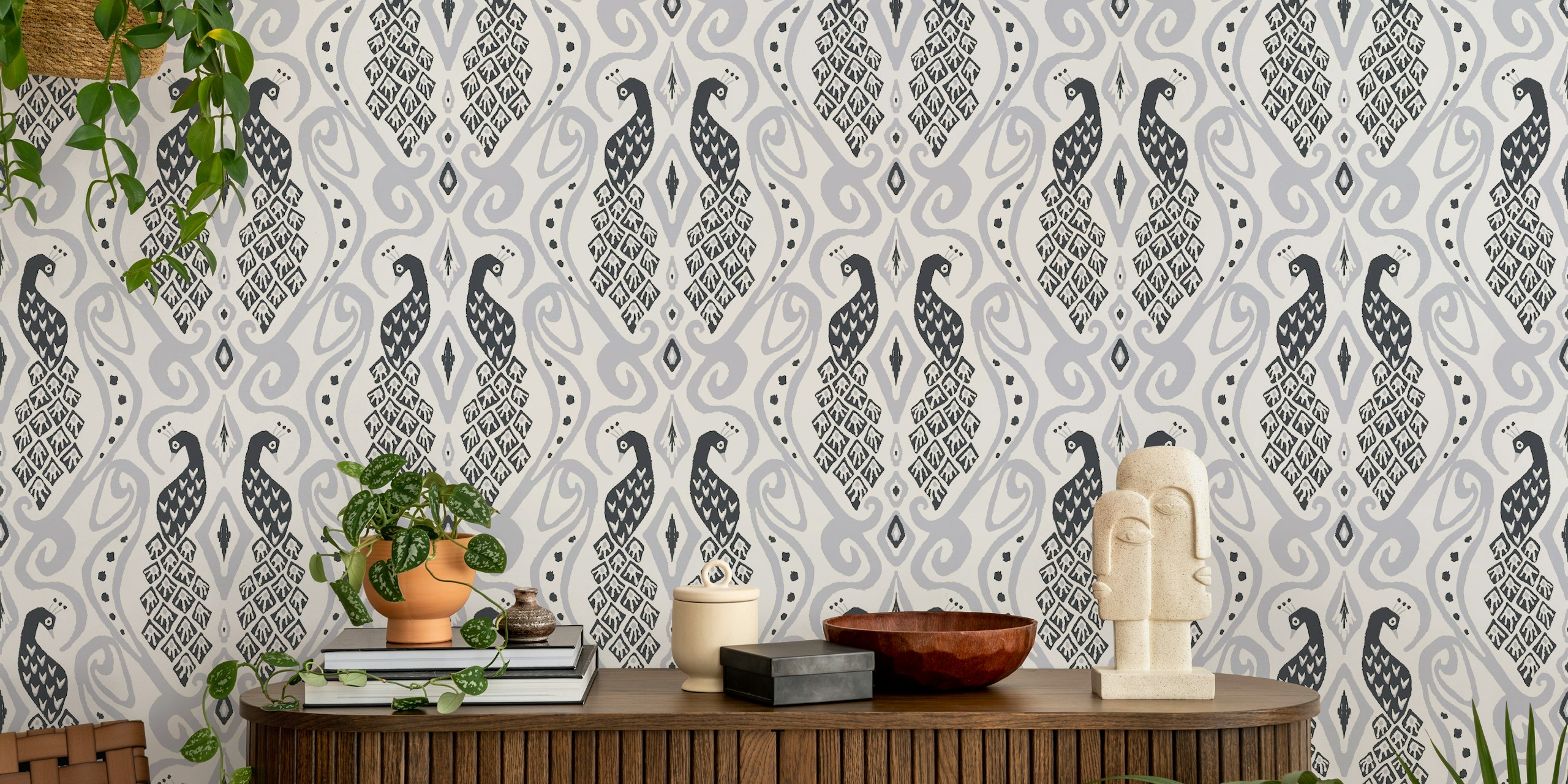 Ikat style peacock wallpaper in grey