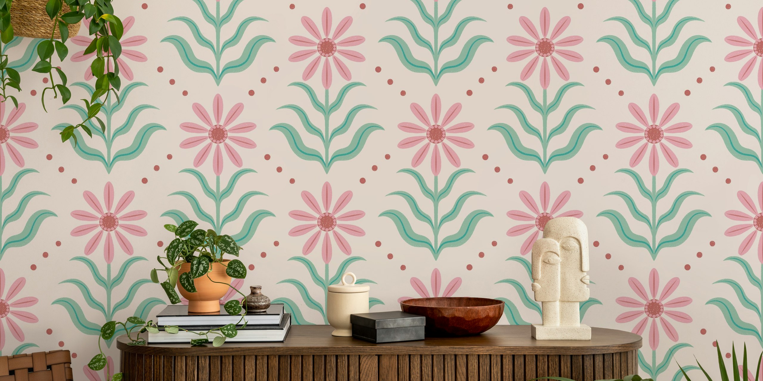 Tapeta Vintage Geo Floral Pink and Green v pokoji