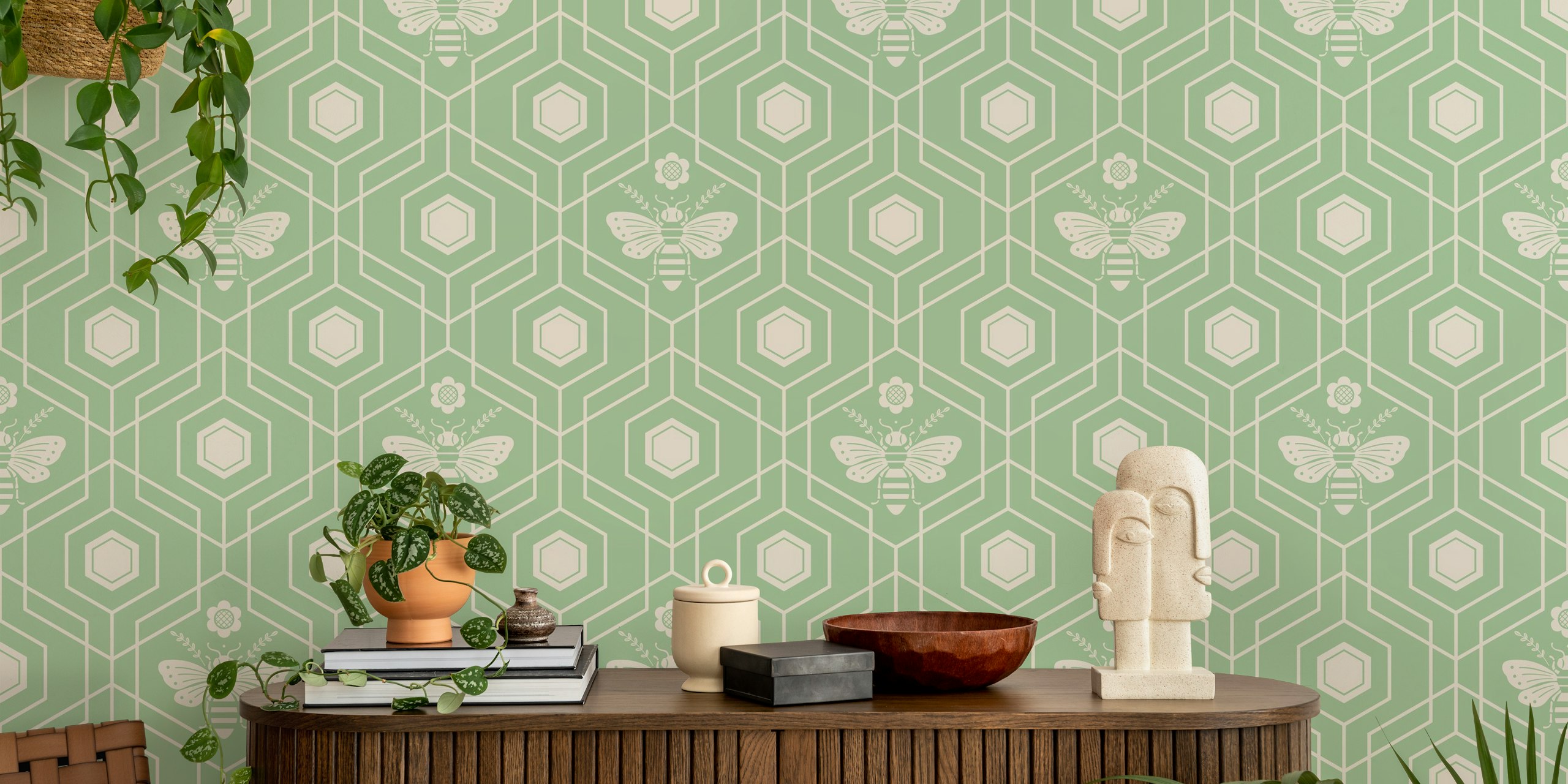 Bee Dance wallpaper in vintage green and beige