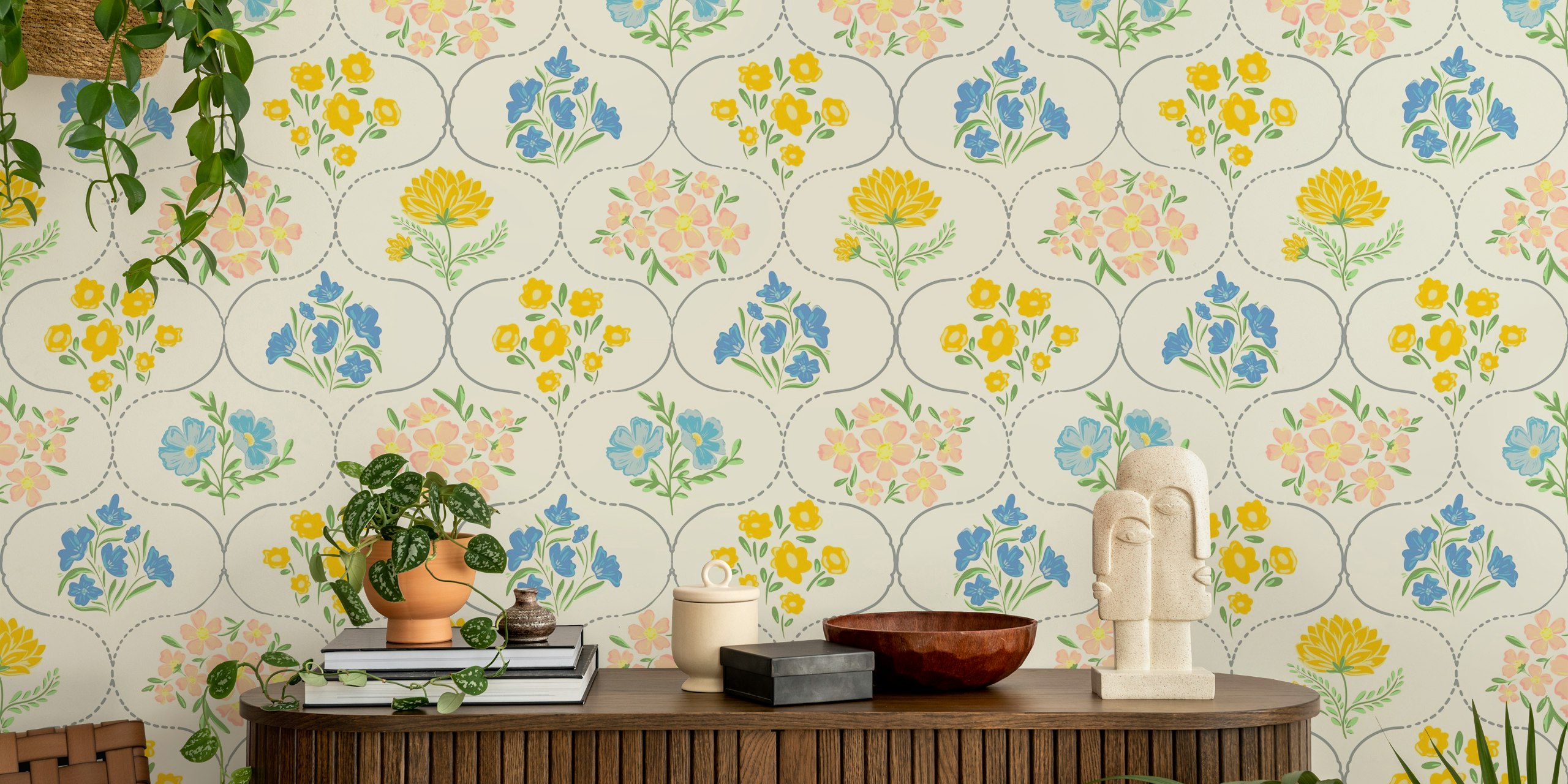 Floral pattern in cream, blue, yellow and pink wallpaper