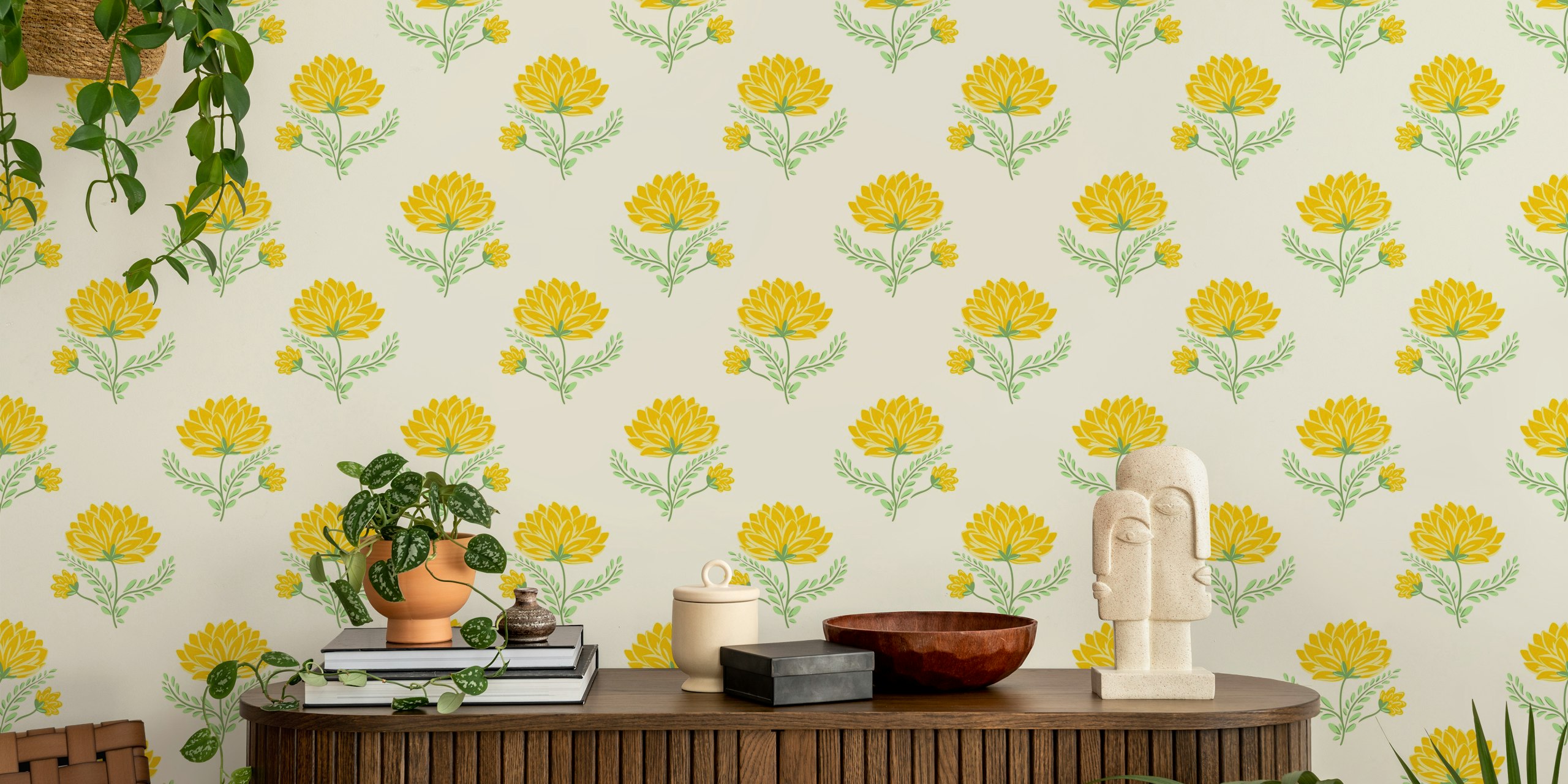 Yellow marigold flowers with green leaves on cream background wallpaper