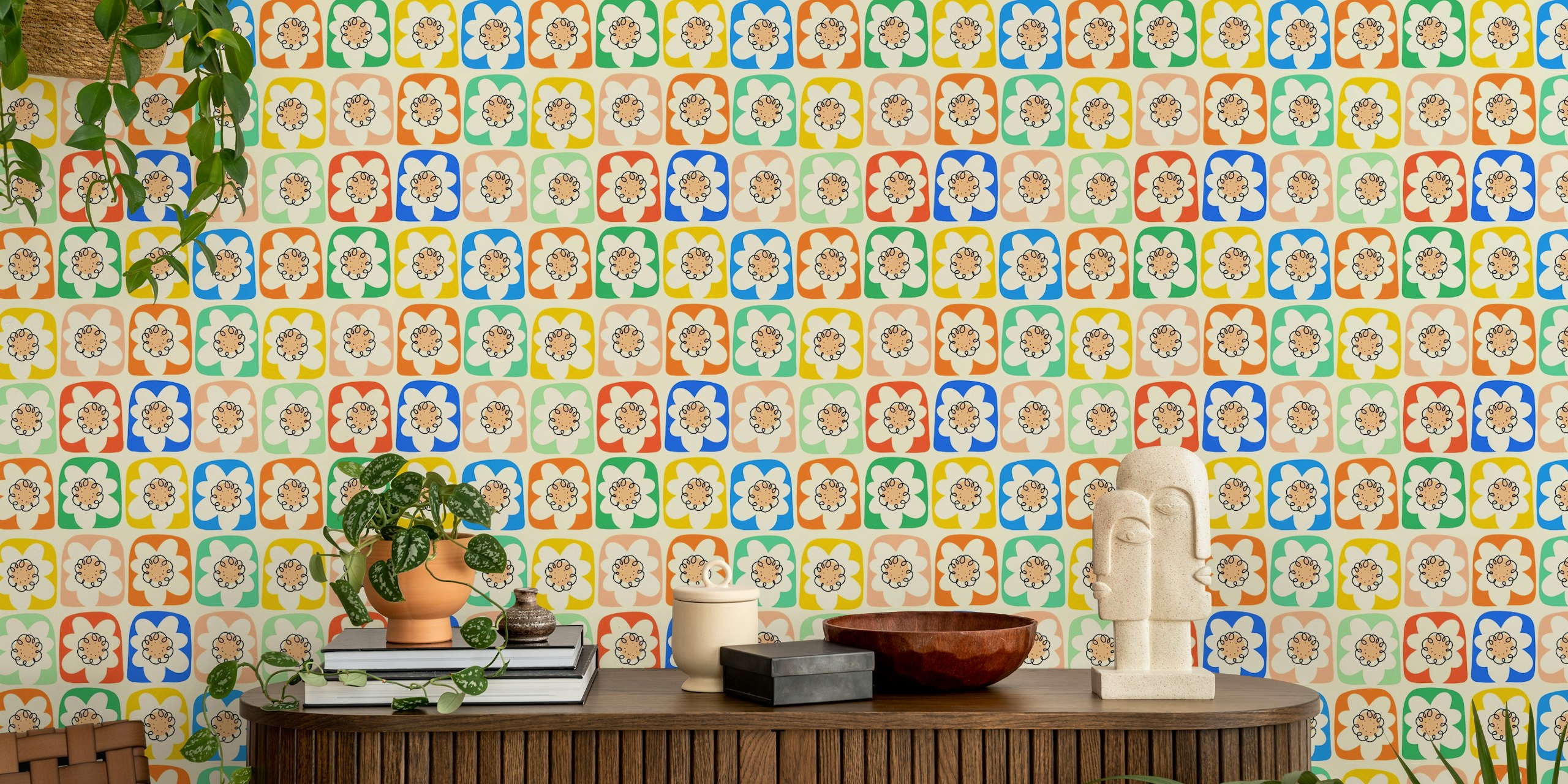 Design carta da parati retro colorato con fiori