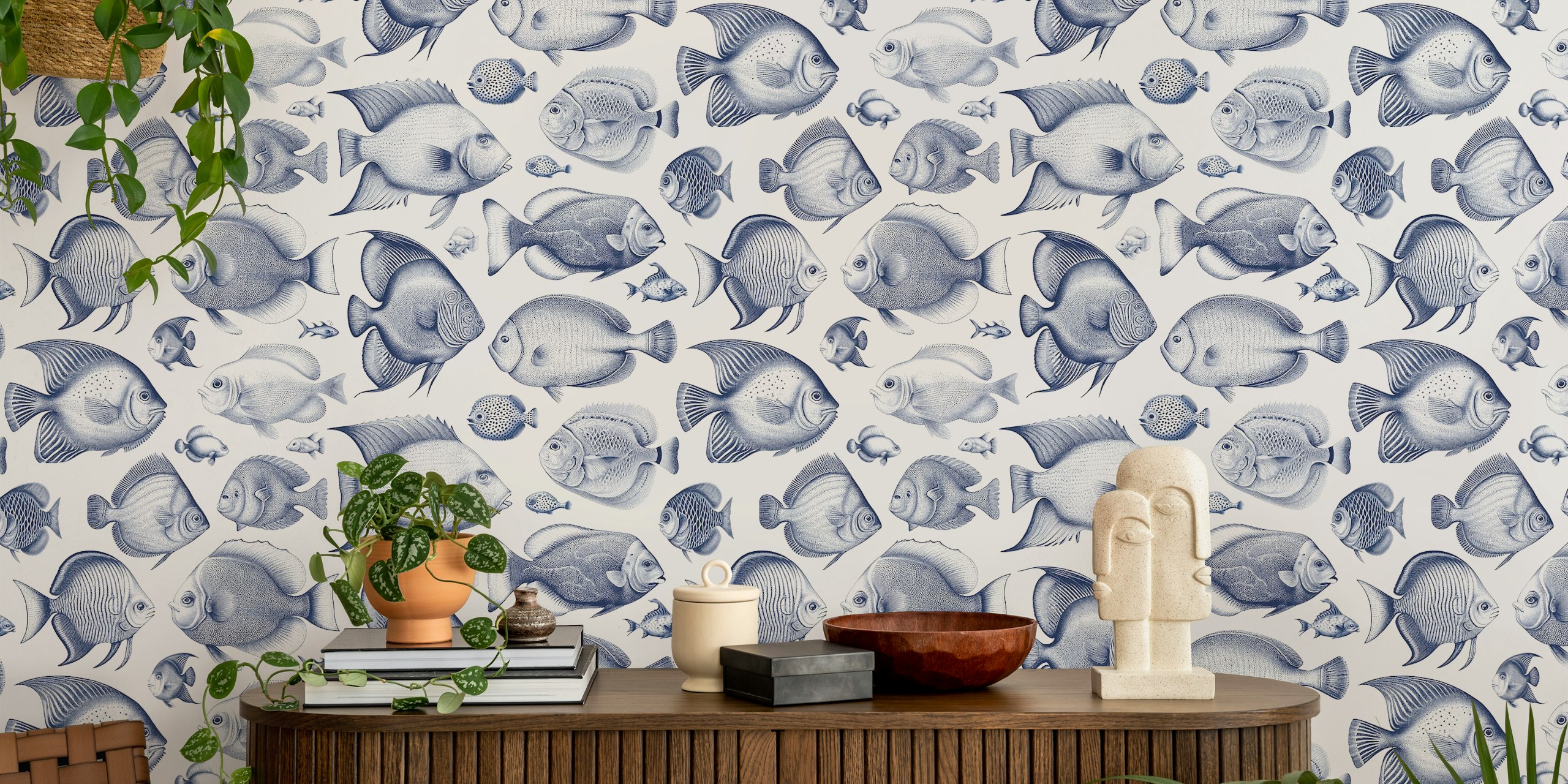 Delft Blue style fish wall mural with whimsical underwater scene