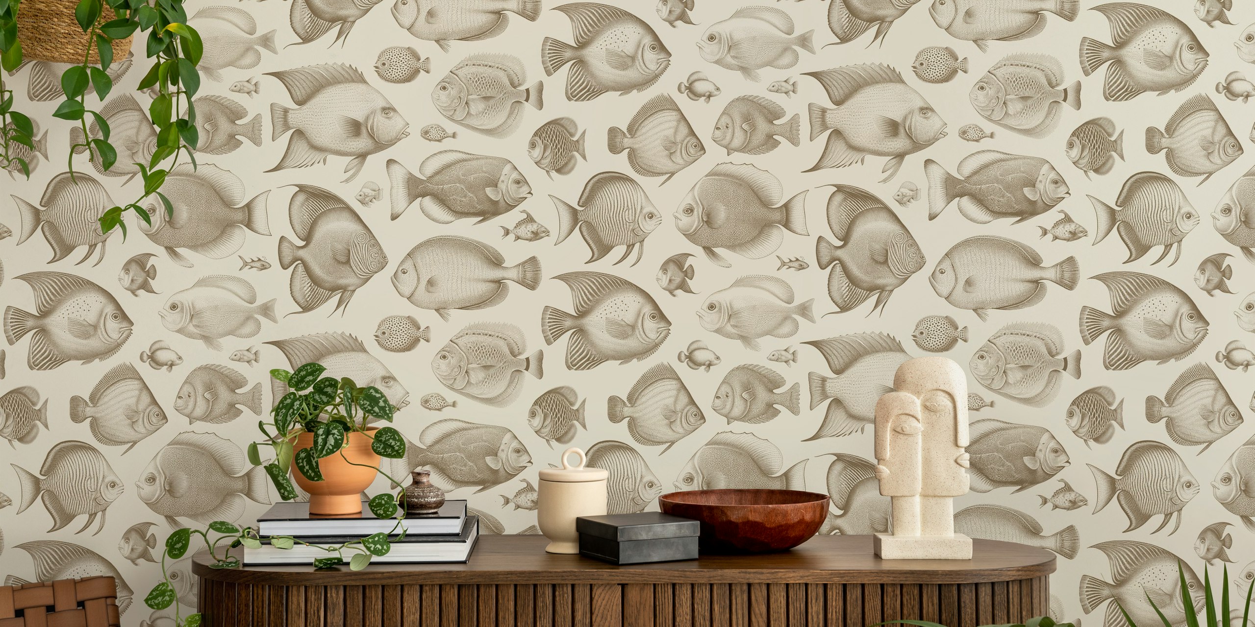 Vintage fish patterns in light browns and creams wallpaper