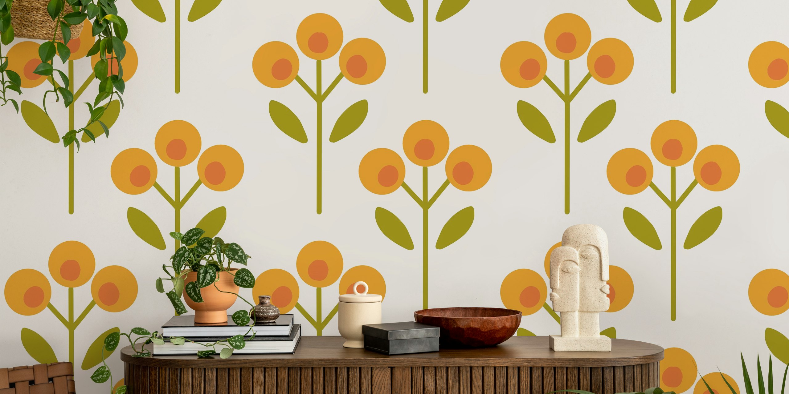Colorful yellow floral pattern with green leaves wallpaper