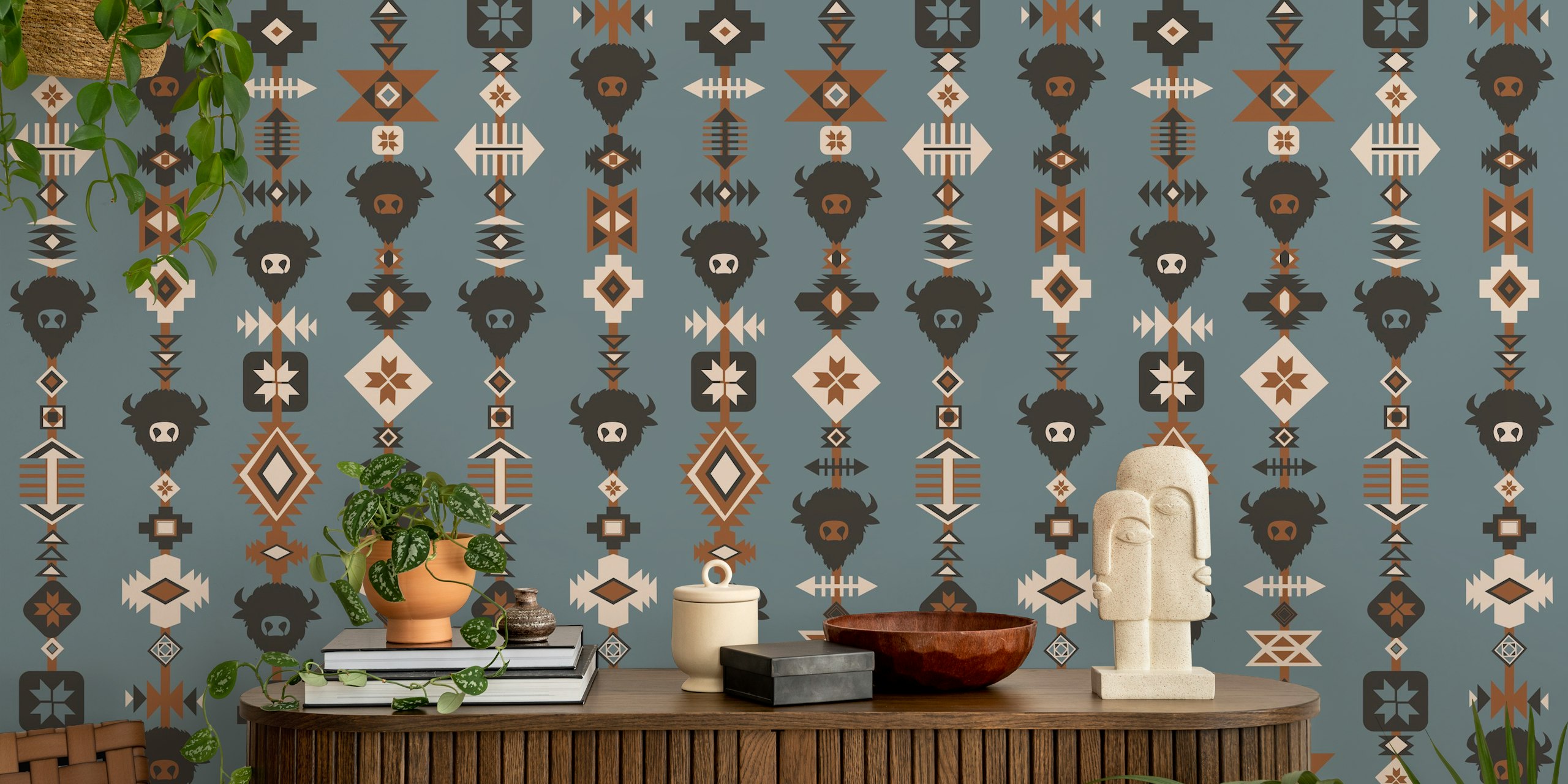 Buffalo Aztec Lines design in slate blue and brown wallpaper