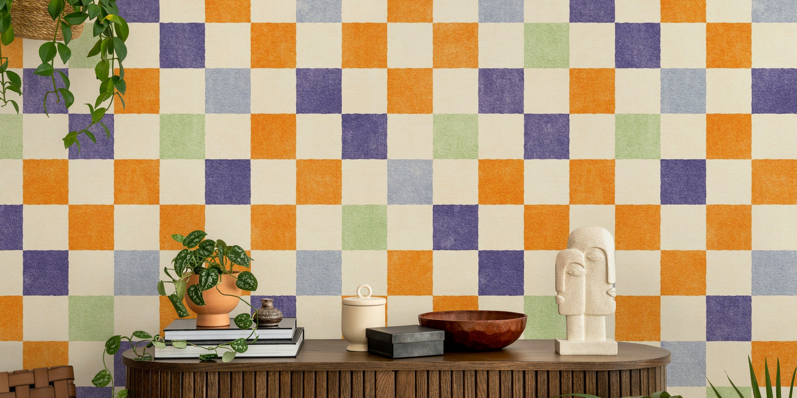 Colorful checkerboard pattern wallpaper in orange, blue, green, and cream colors