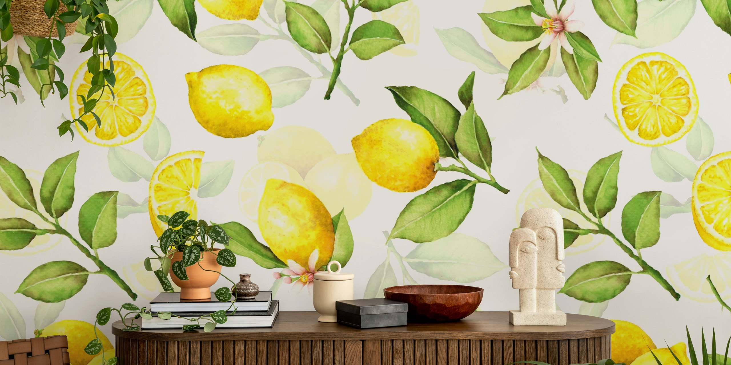Yellow lemons and green leaves pattern wallpaper