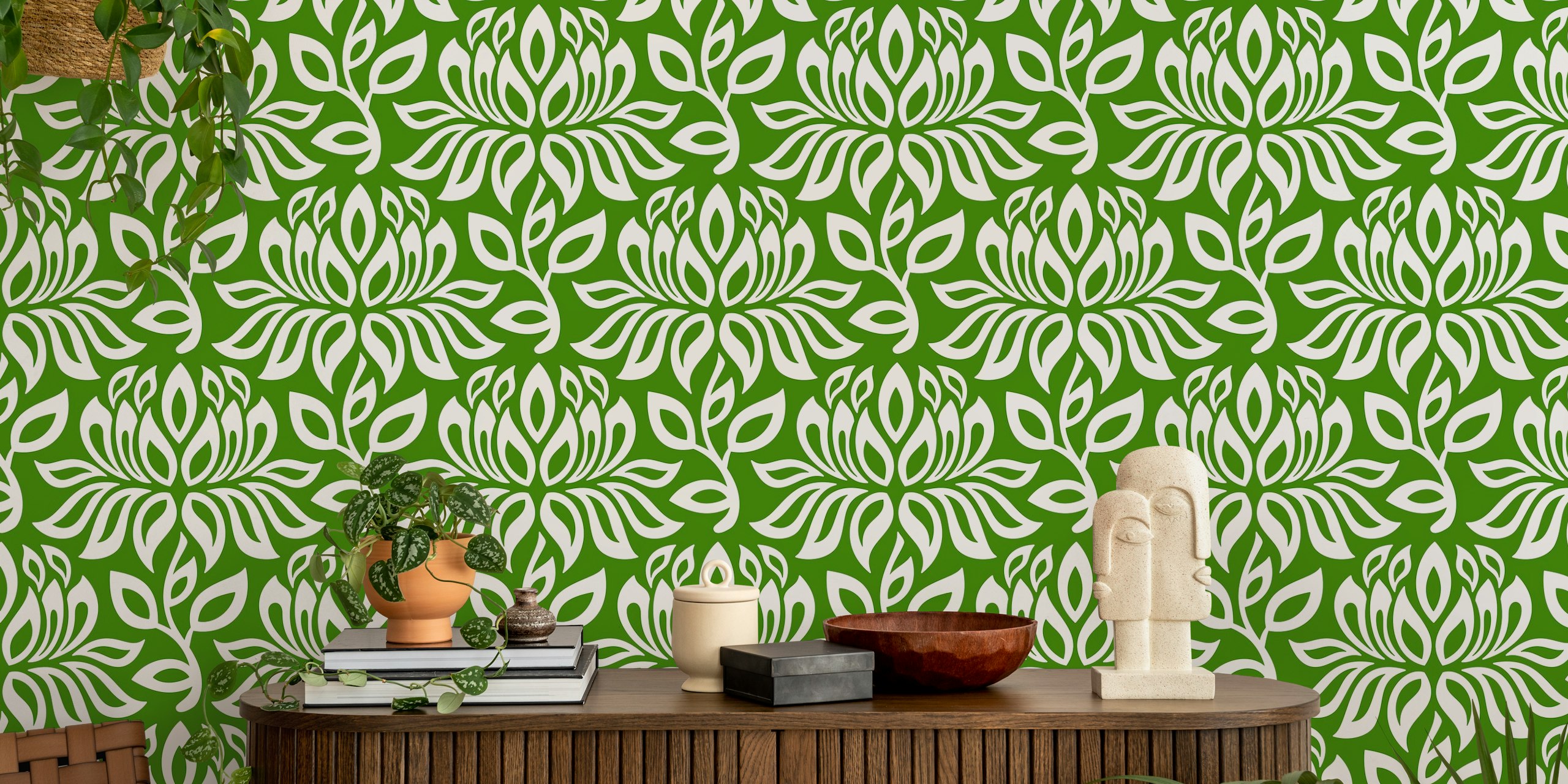 Ταπετσαρία Με White Flowers Silhouettes On Green / 3137C