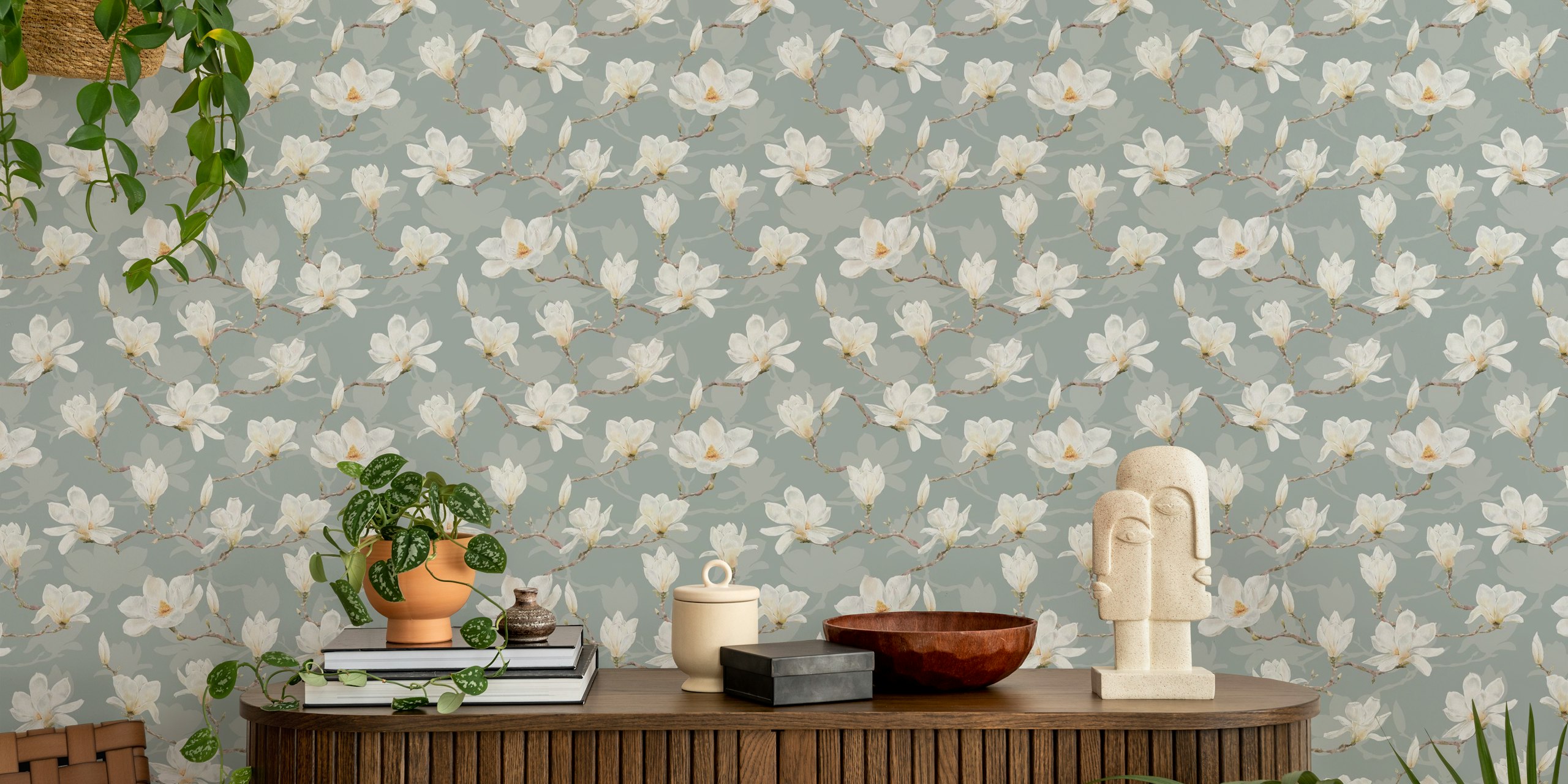 Vintage Magnolia Cascade wallpaper in a room