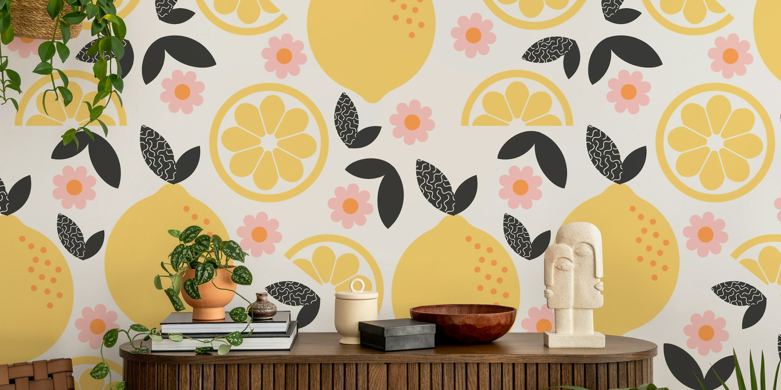 Mural de pared Happywall Lemons Pattern con limones ilustrados, flores rosas y hojas negras sobre un fondo neutro