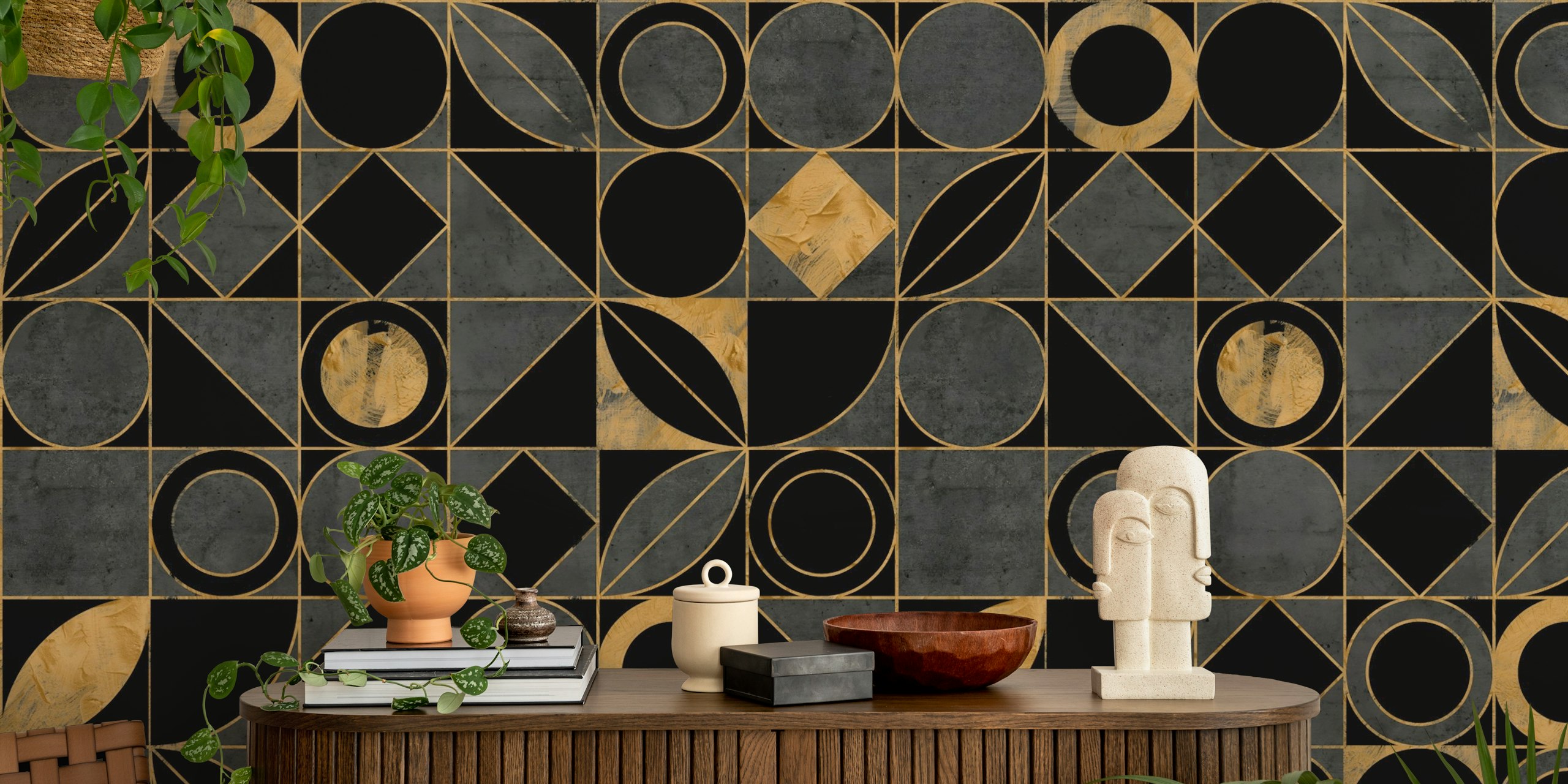 Geometric pattern with black and gold shapes wallpaper