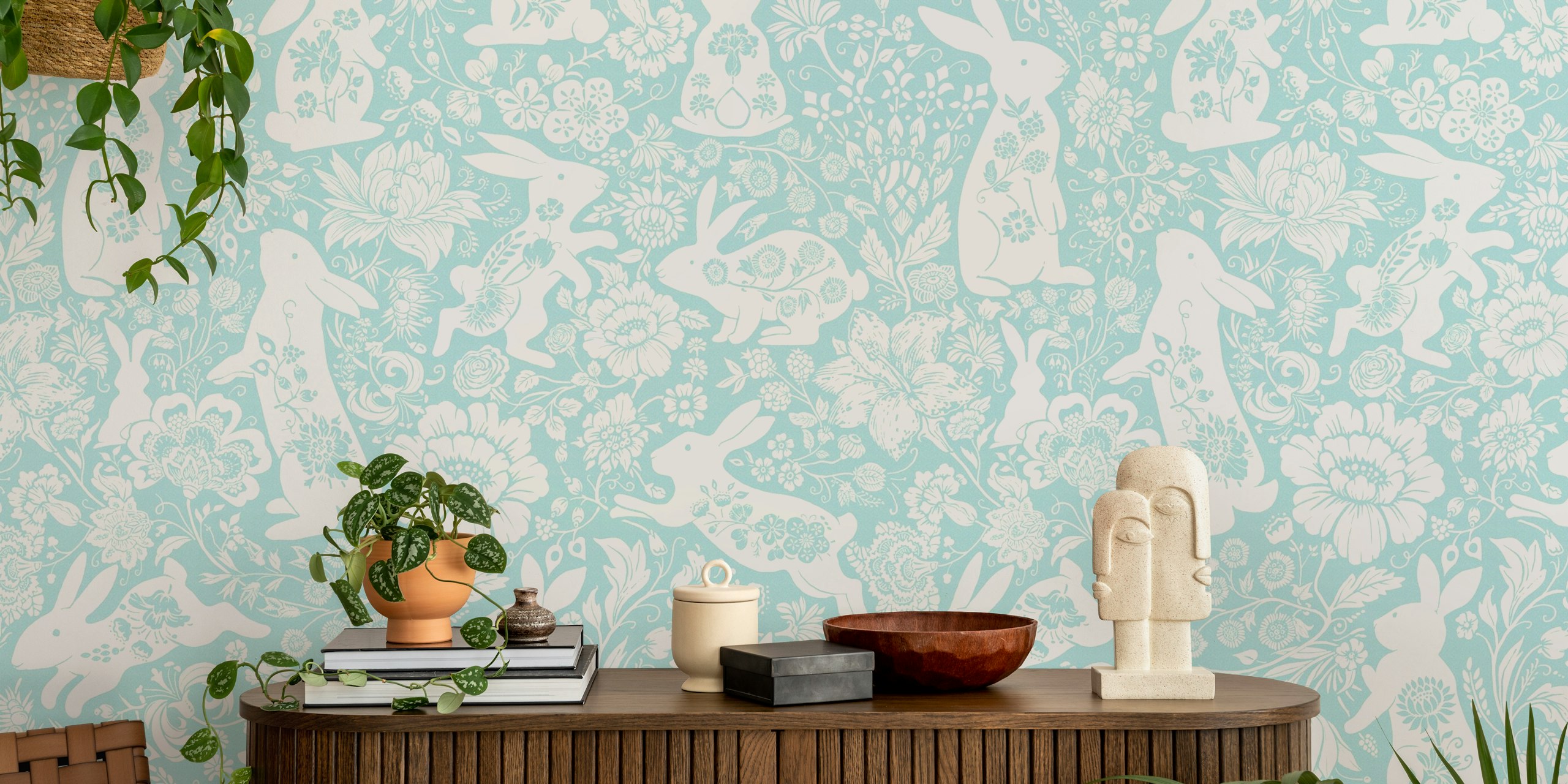 Light blue floral rabbit wallpaper with white rabbits and flowers