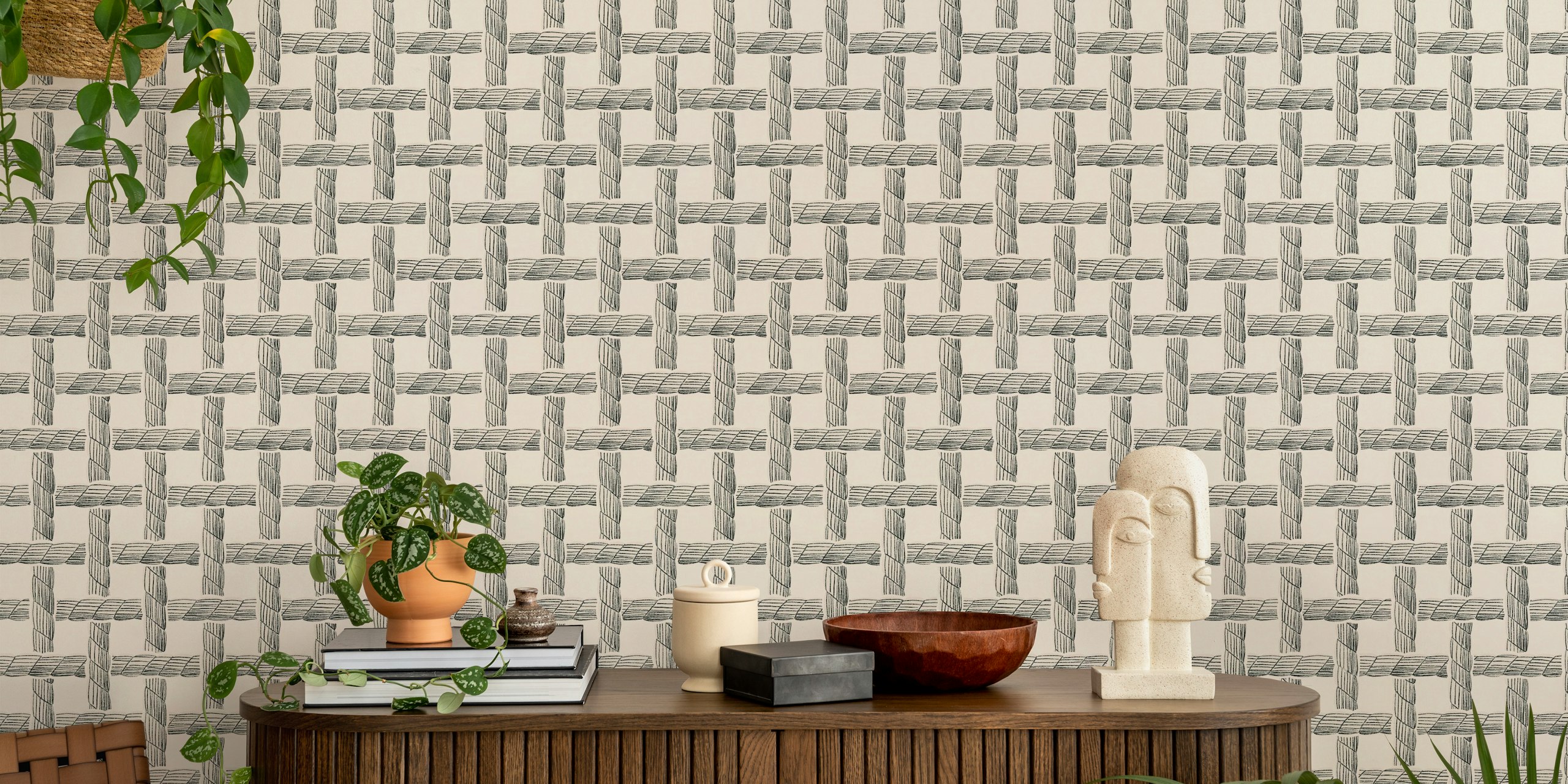 Black and white woven rope pattern wallpaper