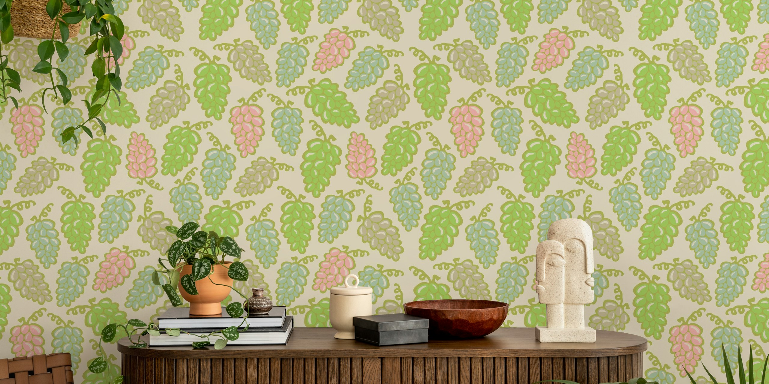 Colorful grapes in pastels of green and pink wallpaper