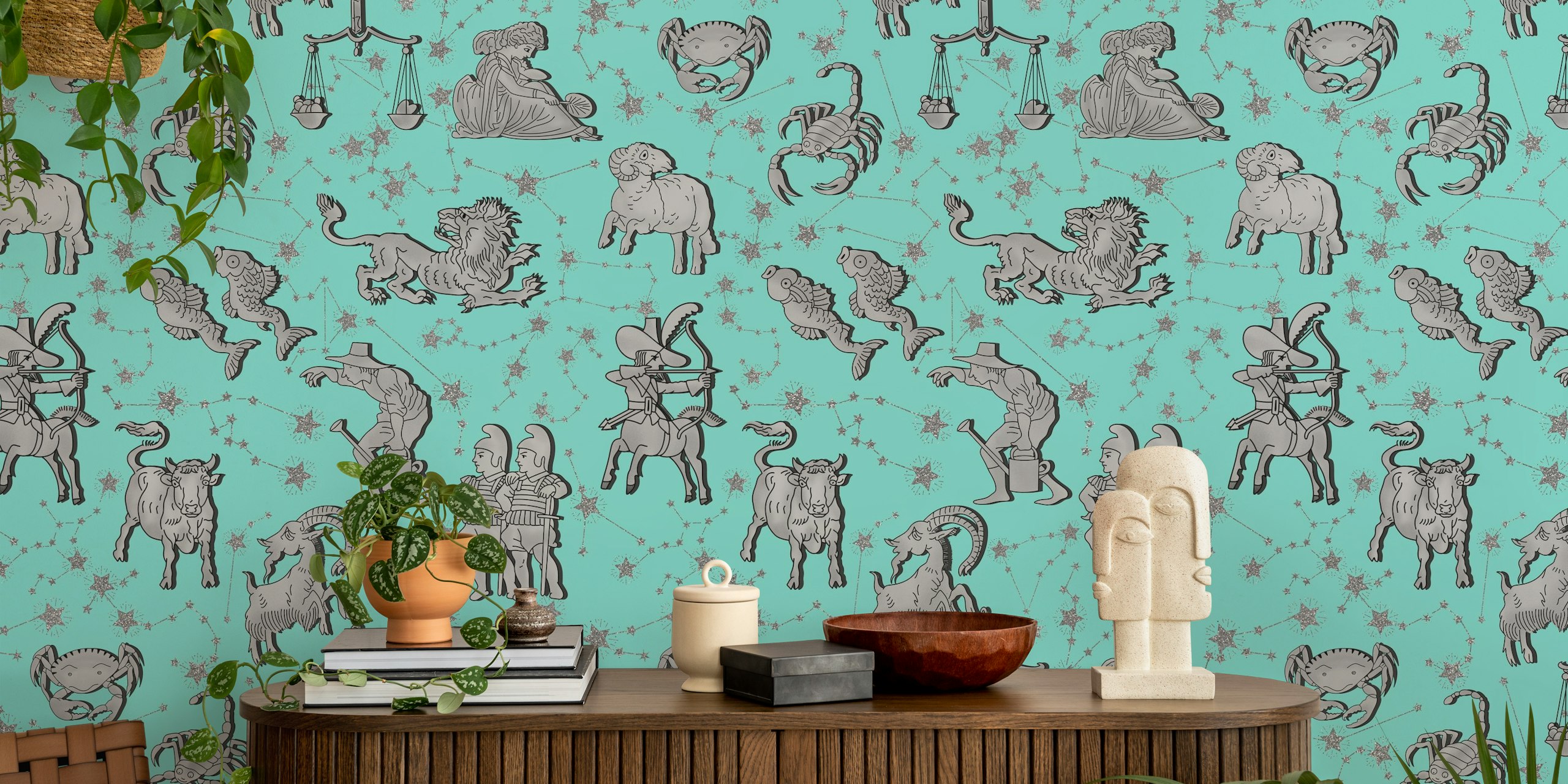Zodiac signs and constellations on blue wallpaper