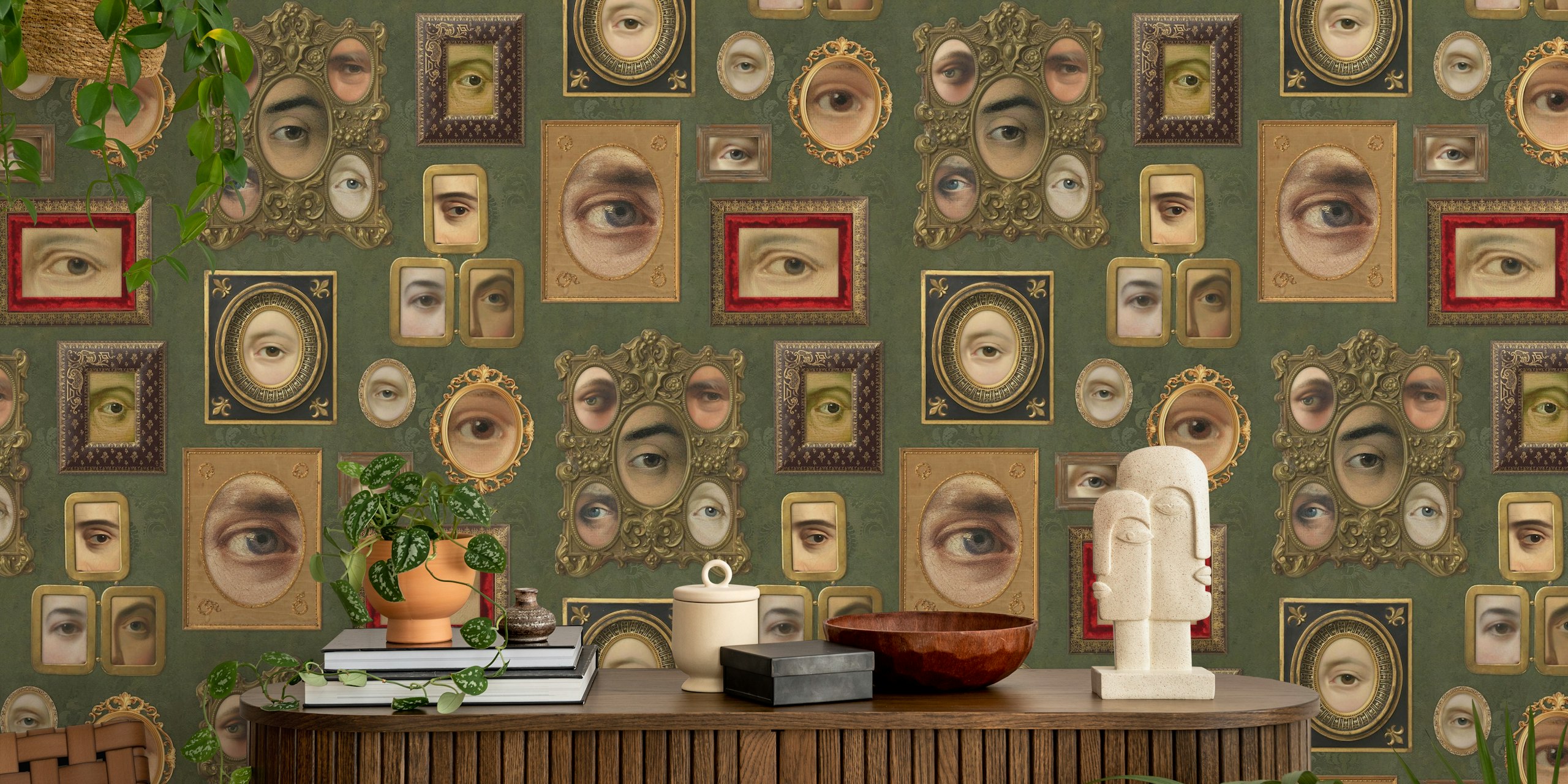 Victorian portraits in framed eyes on olive green wallpaper