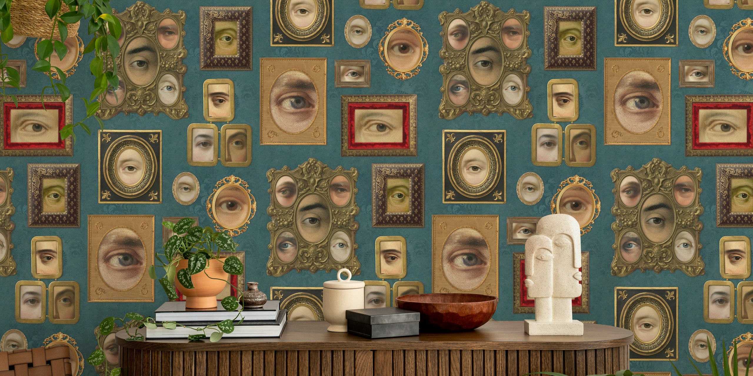 Teal blue wallpaper with Victorian portrait eyes