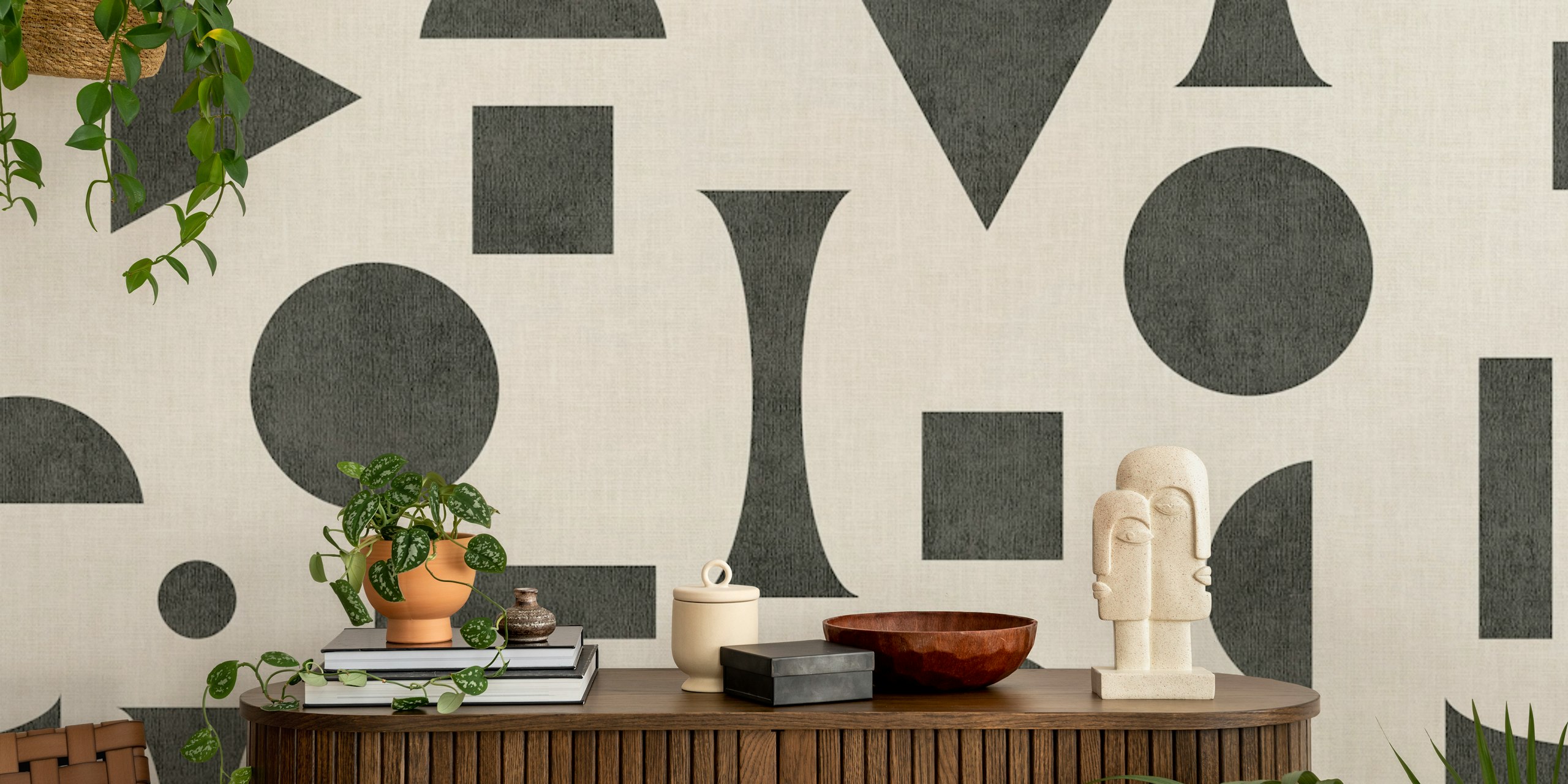 Mid-century geometric black minimal shapes behang