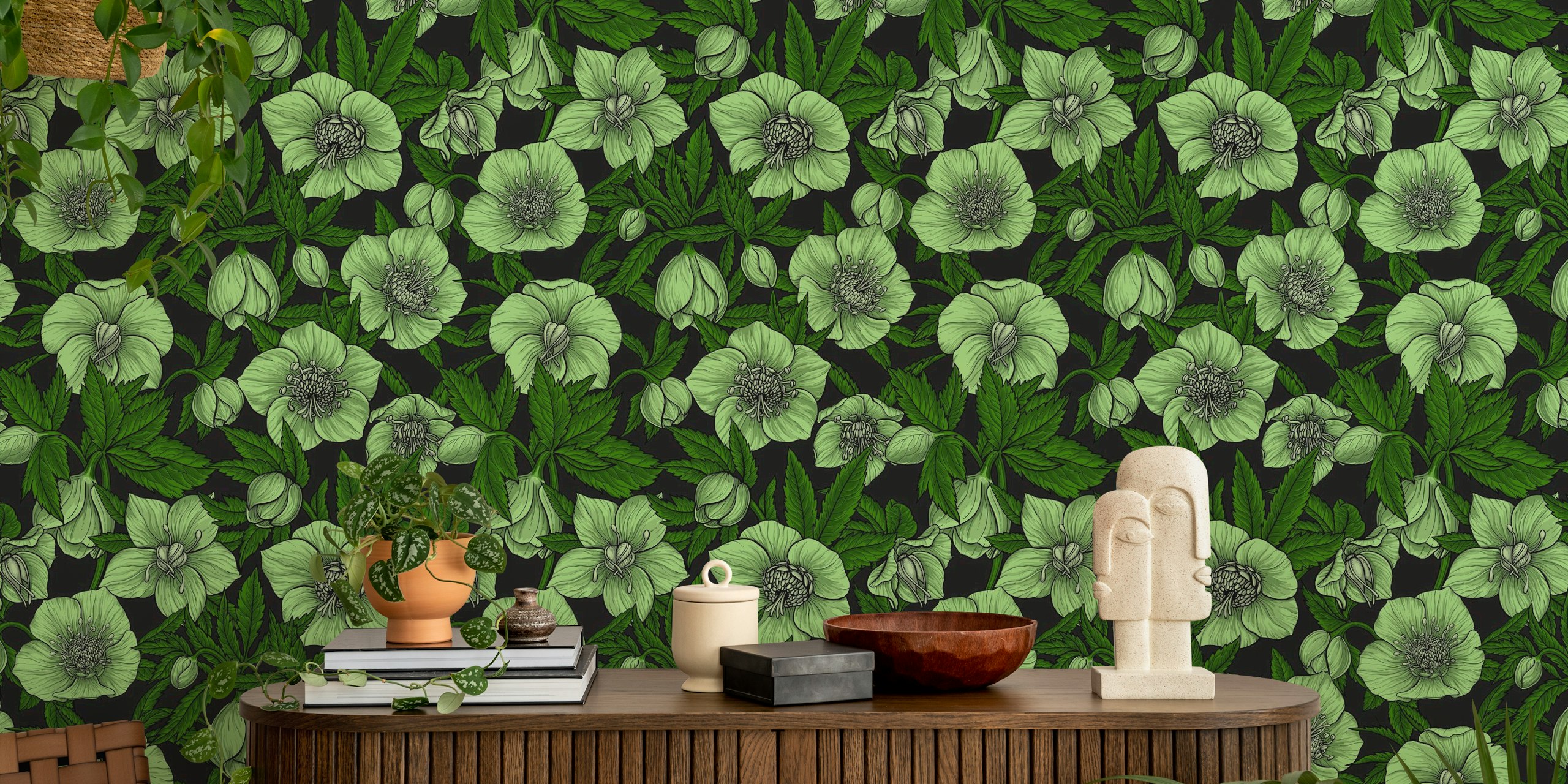 Green floral pattern with white hellebores and leaves wallpaper