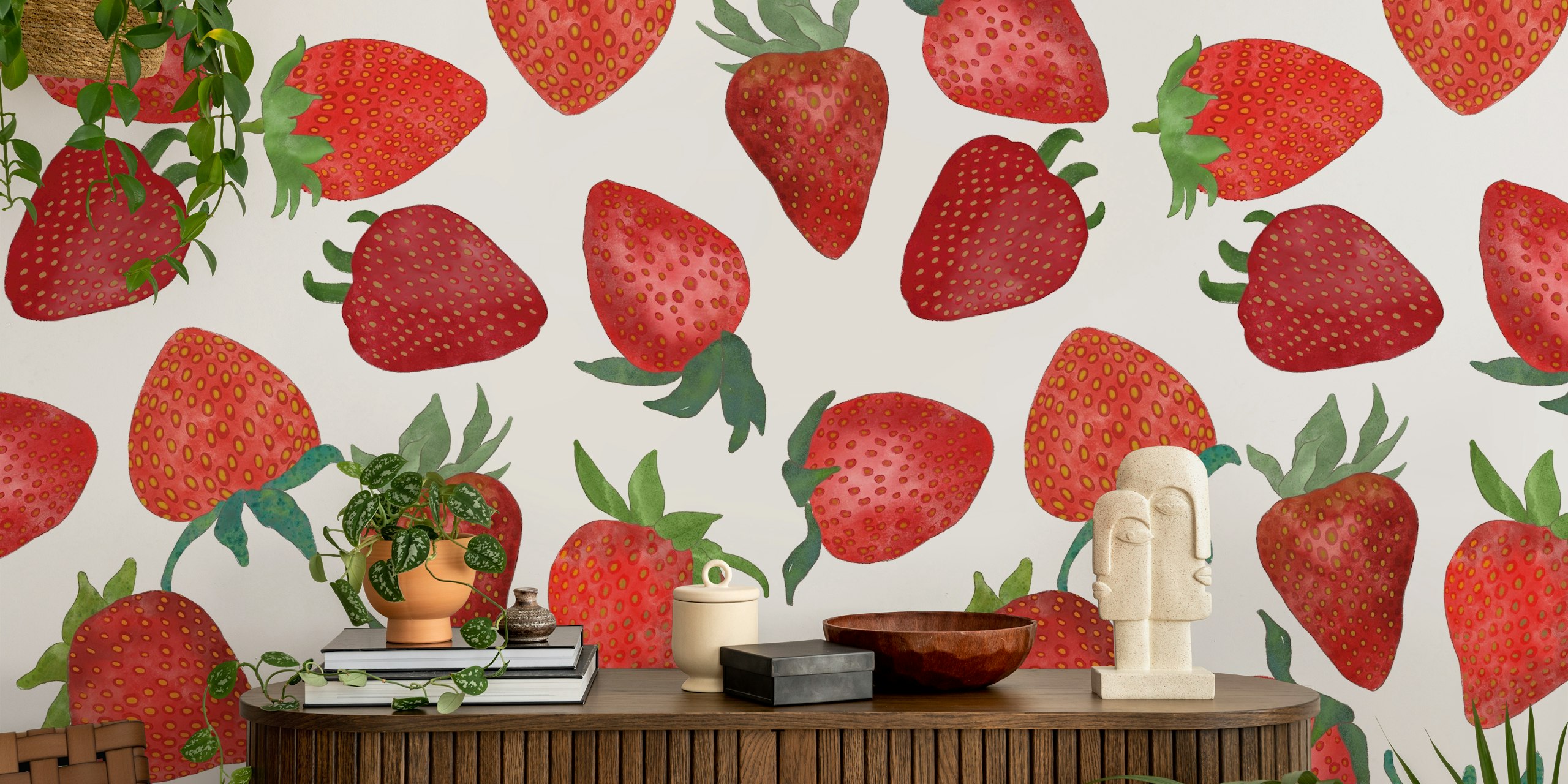 Watercolor strawberries in red with green leaves wallpaper