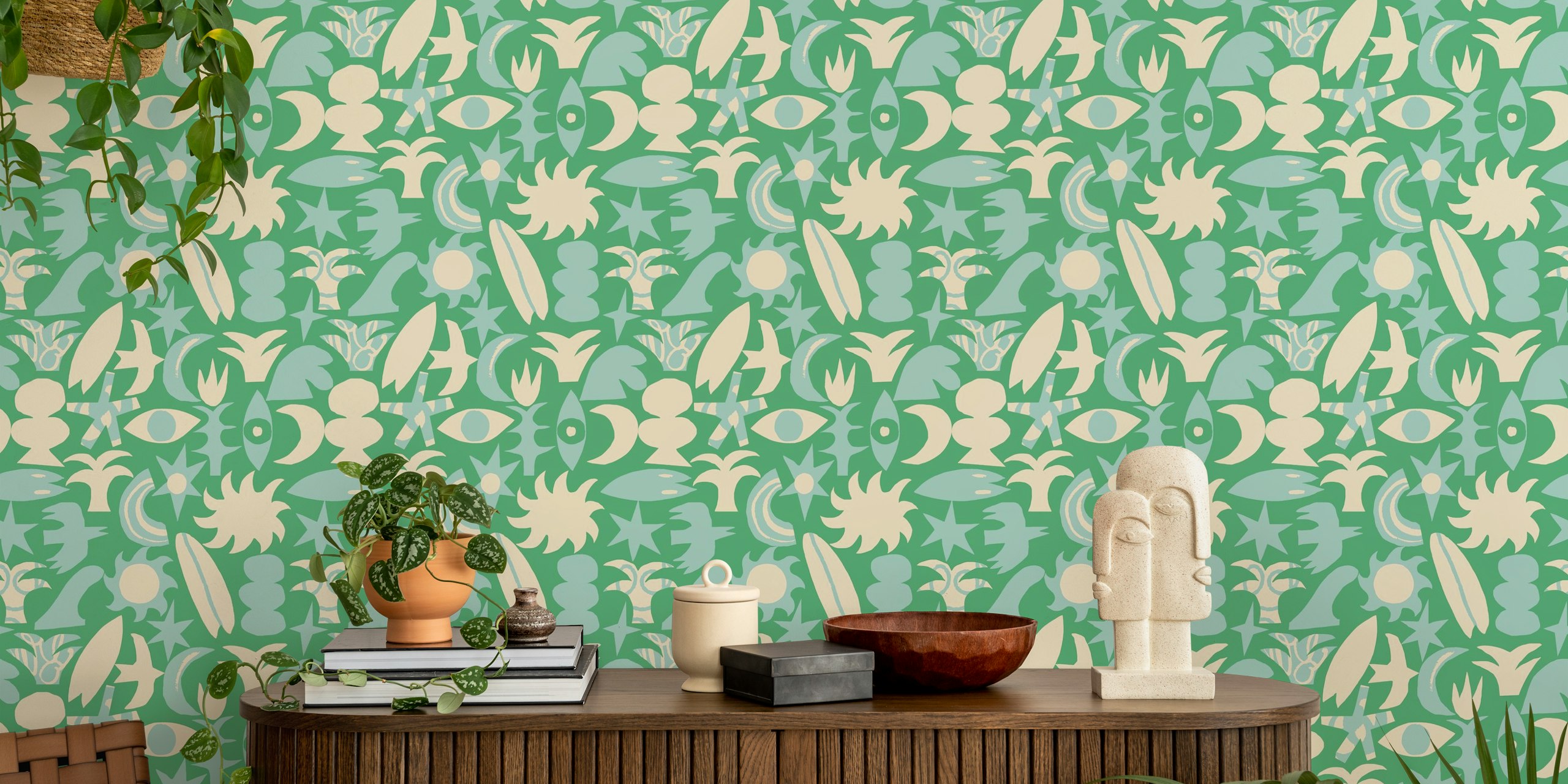 Vibrant green wallpaper design with playful patterns